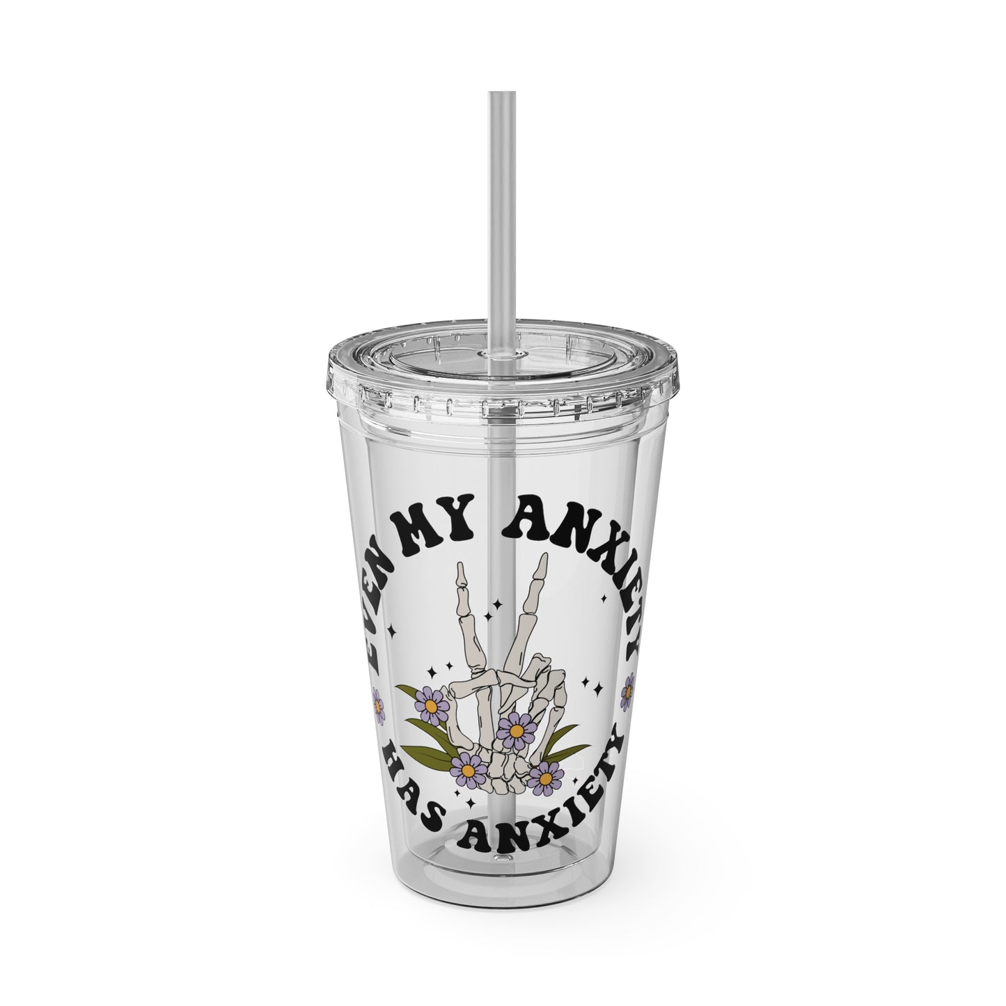 Even My Anxiety Has Anxiety” Skeleton Peace Sign 16oz Sunsplash Tumbler | Dark Humor Mental Health Cup | Goth Aesthetic Drinkware | Spooky Skeleton Cup | Anxiety Humor Gift