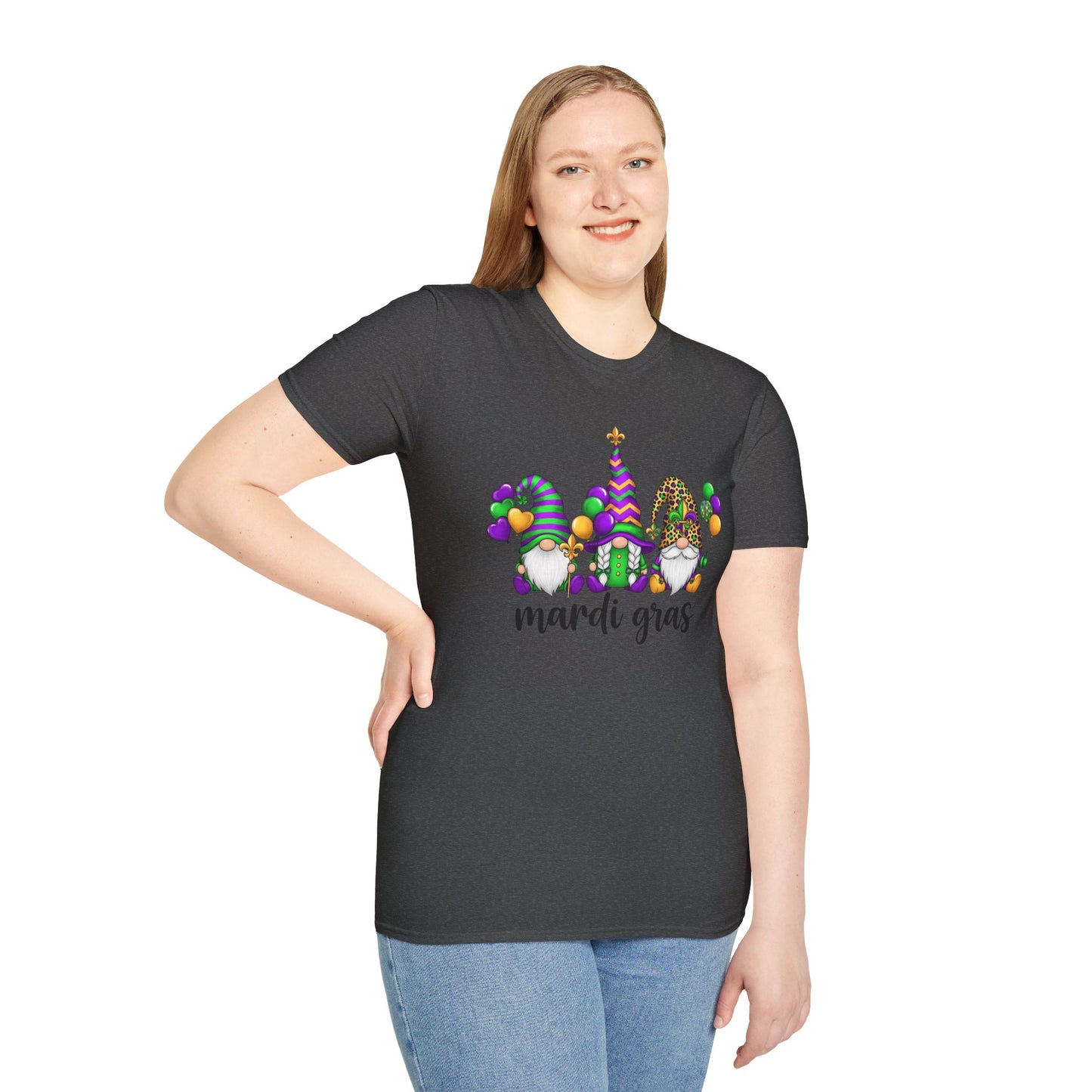 Mardi Gras Throuple Gnome T-Shirt | Polyamory ENM Pride Tee | Festive Gnome Graphic Shirt | Chosen Family Swinger Lifestyle Apparel