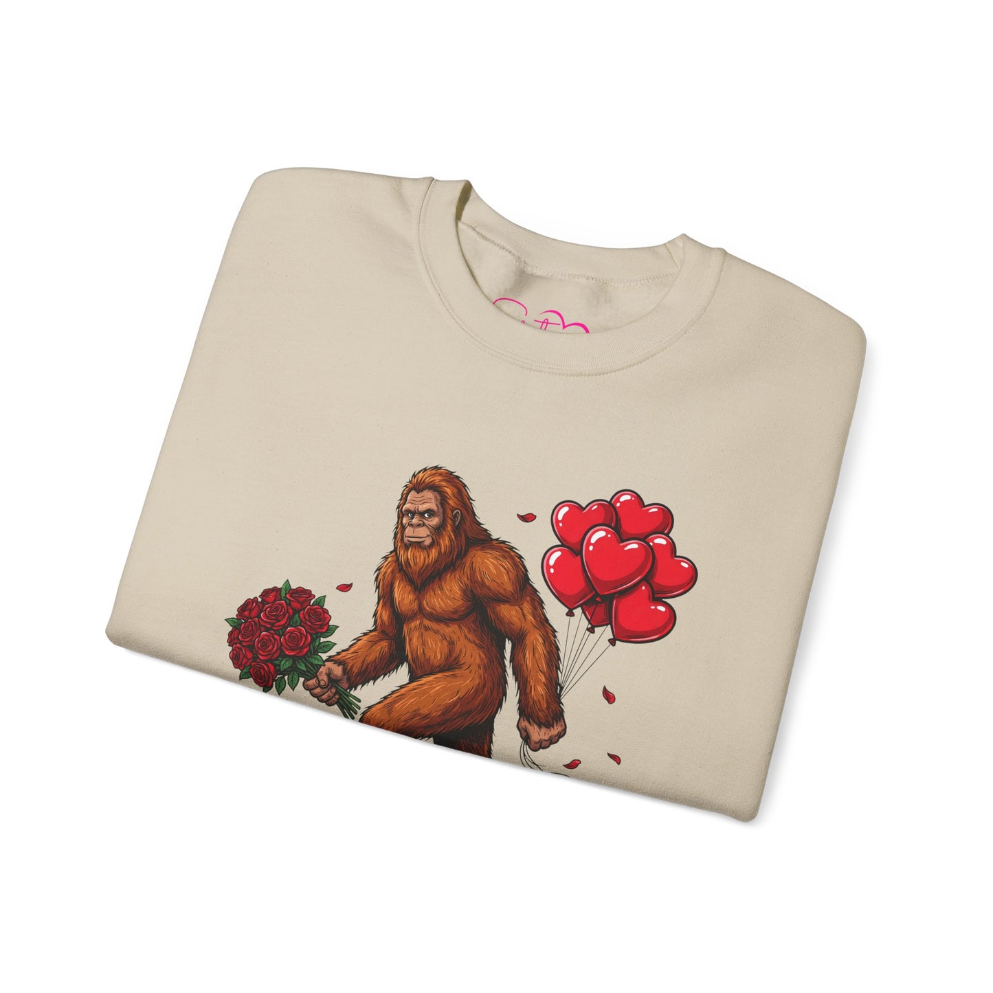 Bigfoot with Flowers Crewneck Sweatshirt | Sasquatch Valentine Pullover | Whimsical Cryptid Love Sweatshirt | Cozy Forest Aesthetic Apparel