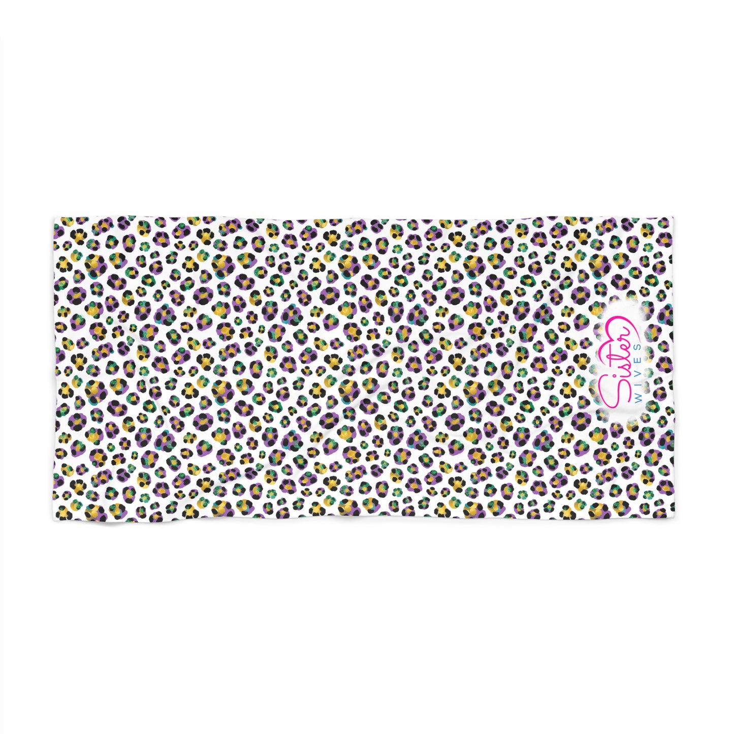 Mardi Gras Cheetah Print Beach Towel | Polyamory ENM Friendly | Matching Couple & Throuple Towel | Festival Cruise Pool & Resort Towel