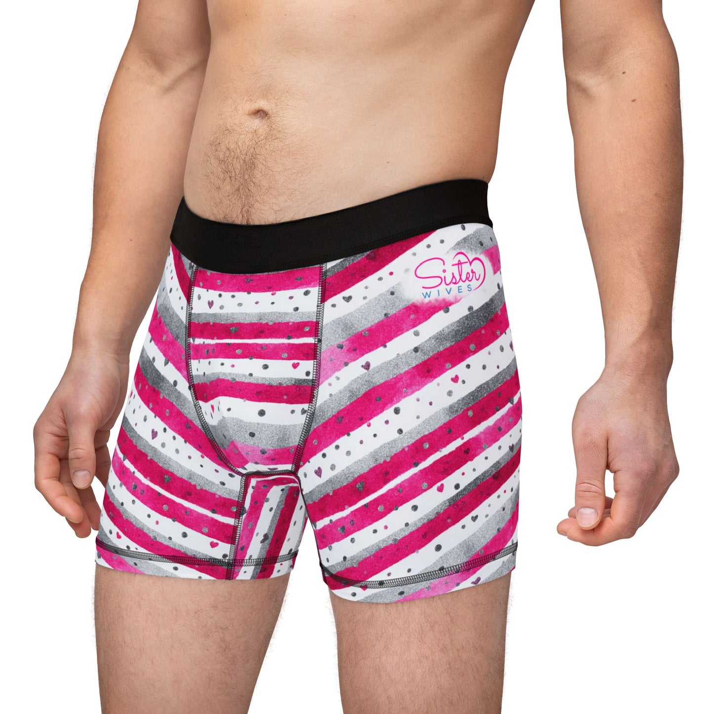 Men’s Valentine’s Heart Stripe Boxer Briefs – Pink & Gray Striped Boxers, Polyamory & Swinger Friendly Underwear, ENM Pride, Matching Couples Sets Available