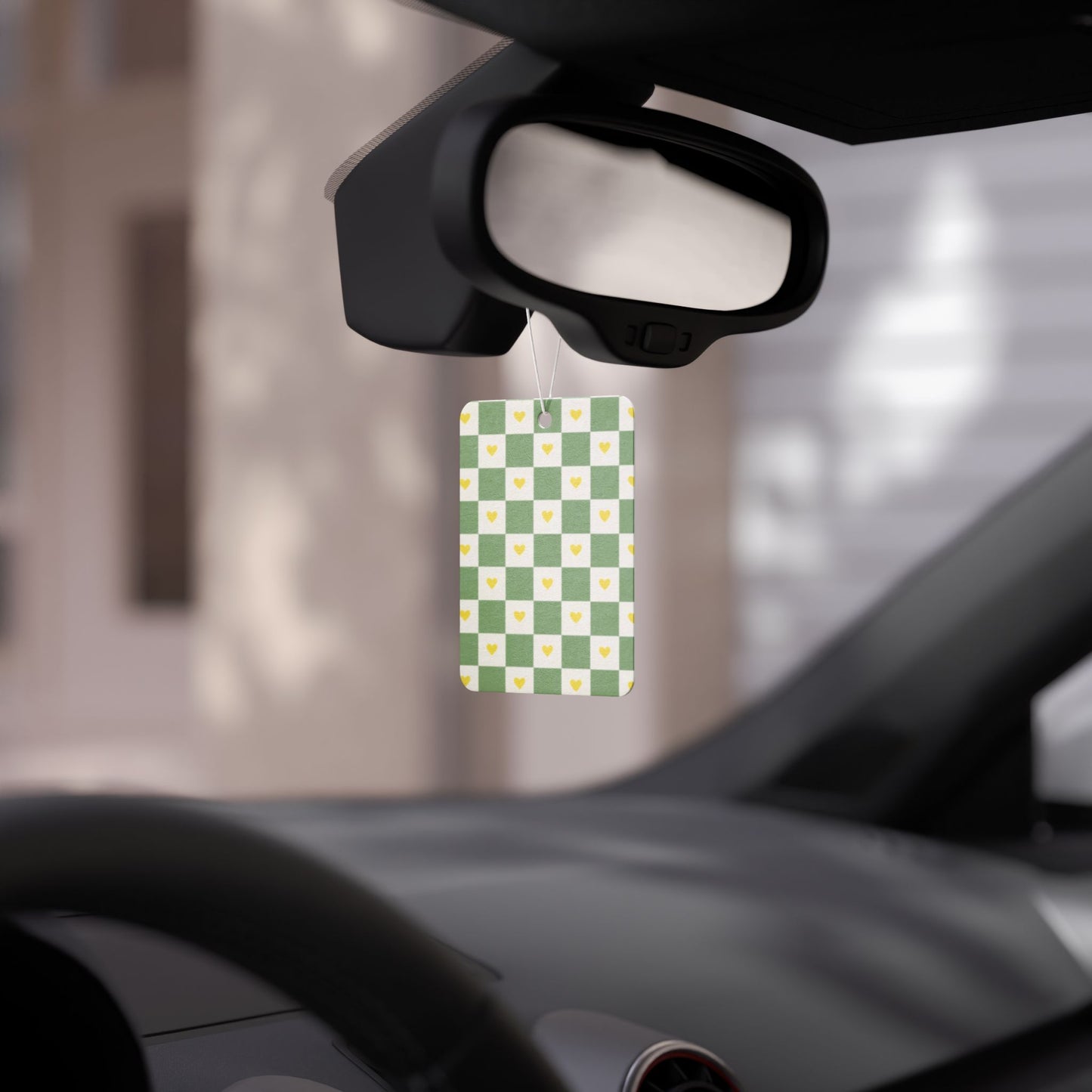 Green Checkered Heart Car Air Freshener – Cute Sage Aesthetic Hanging Diffuser | Pine, New Car & Black Ice Scents
