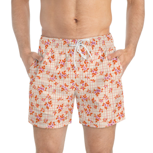 Men’s Floral & Citrus Swim Trunks – Vintage Gingham Orange Blossom Swim Shorts, Retro Summer Beach Board Shorts, Fast-Dry