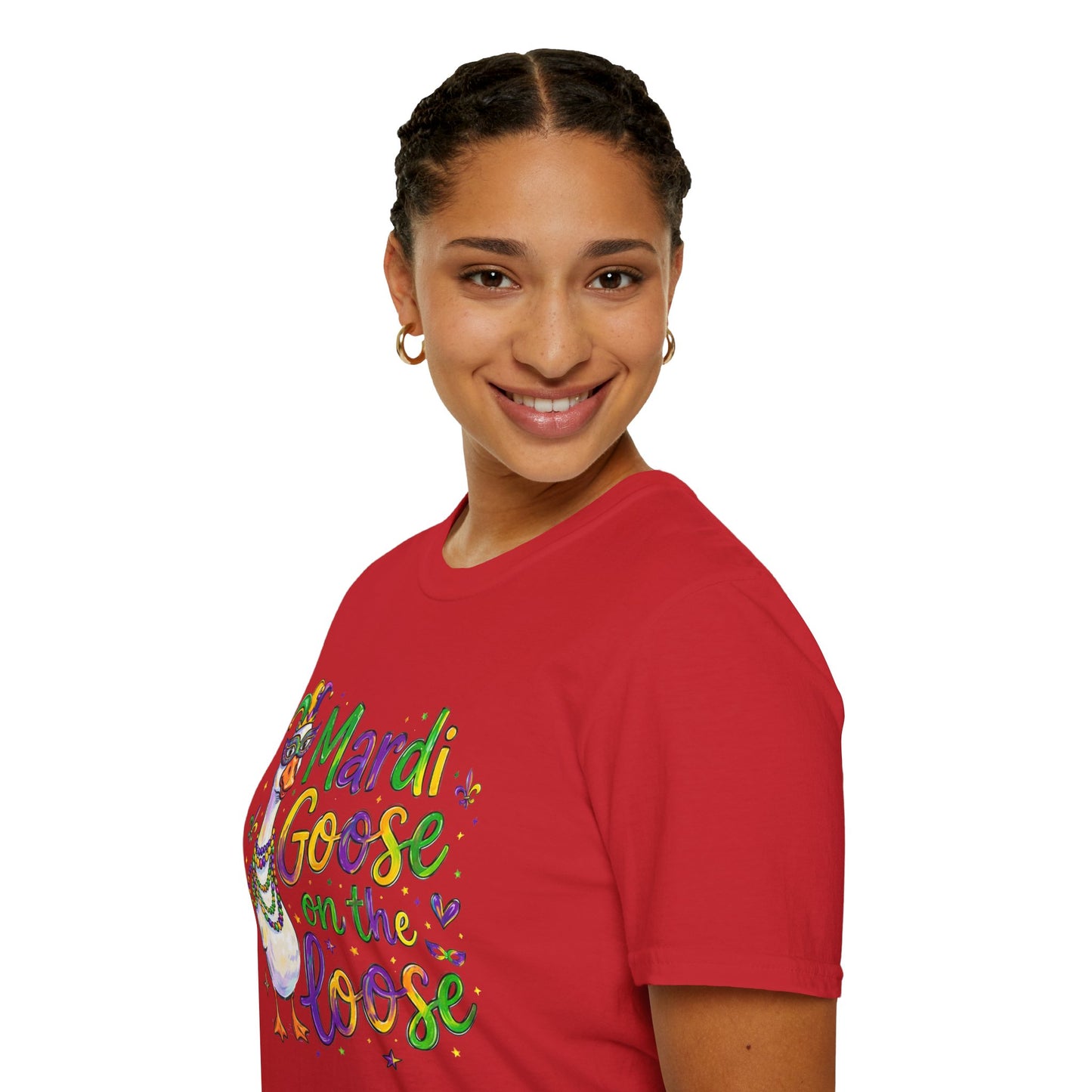 Mardi Goose on the Loose Shirt – Funny Mardi Gras Goose T-Shirt, Polyamory ENM Non-Monogamy Carnival Tee, Unisex Gildan 64000
