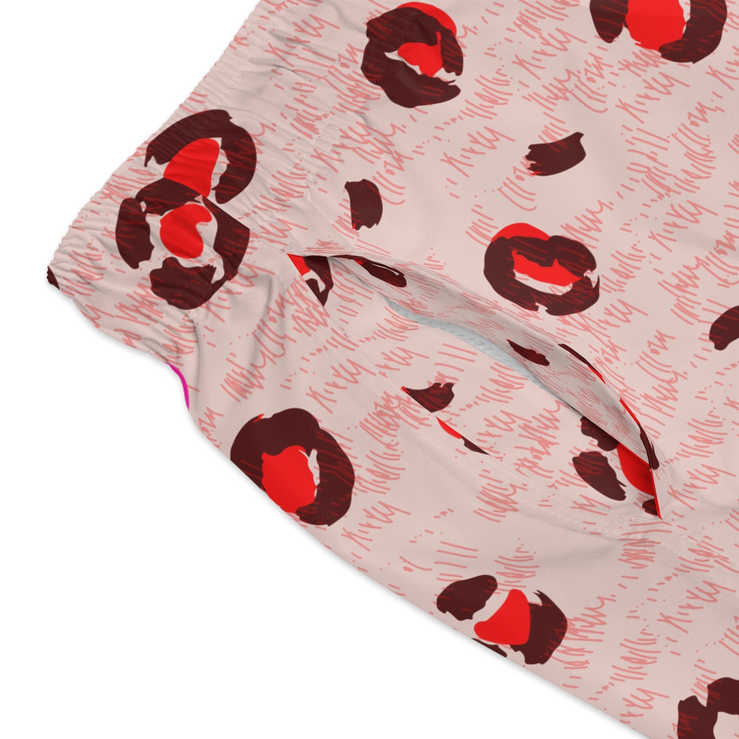 Men’s Valentine’s Leopard Heart Swim Trunks – Red Animal Print Board Shorts, Polyamory & ENM Friendly Swimwear, Fast-Dry Summer Shorts