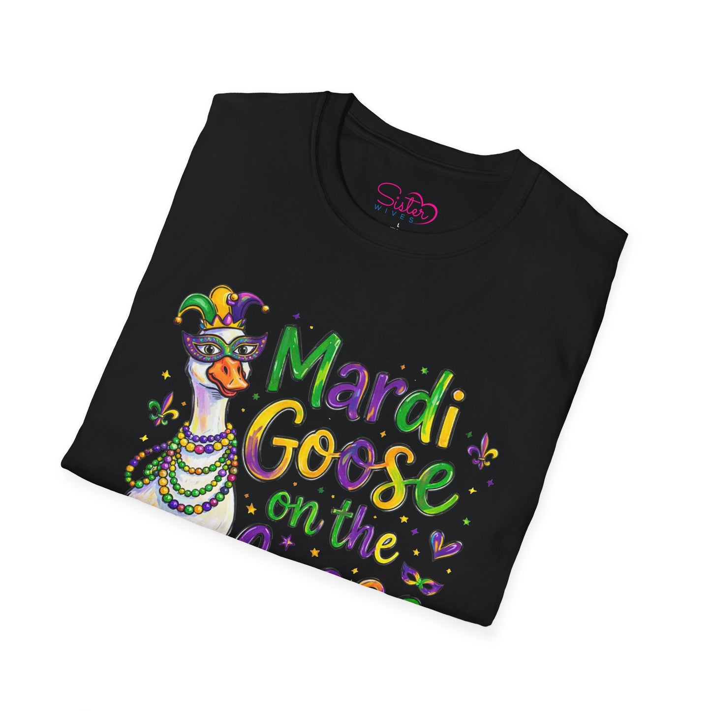Mardi Goose on the Loose Shirt – Funny Mardi Gras Goose T-Shirt, Polyamory ENM Non-Monogamy Carnival Tee, Unisex Gildan 64000