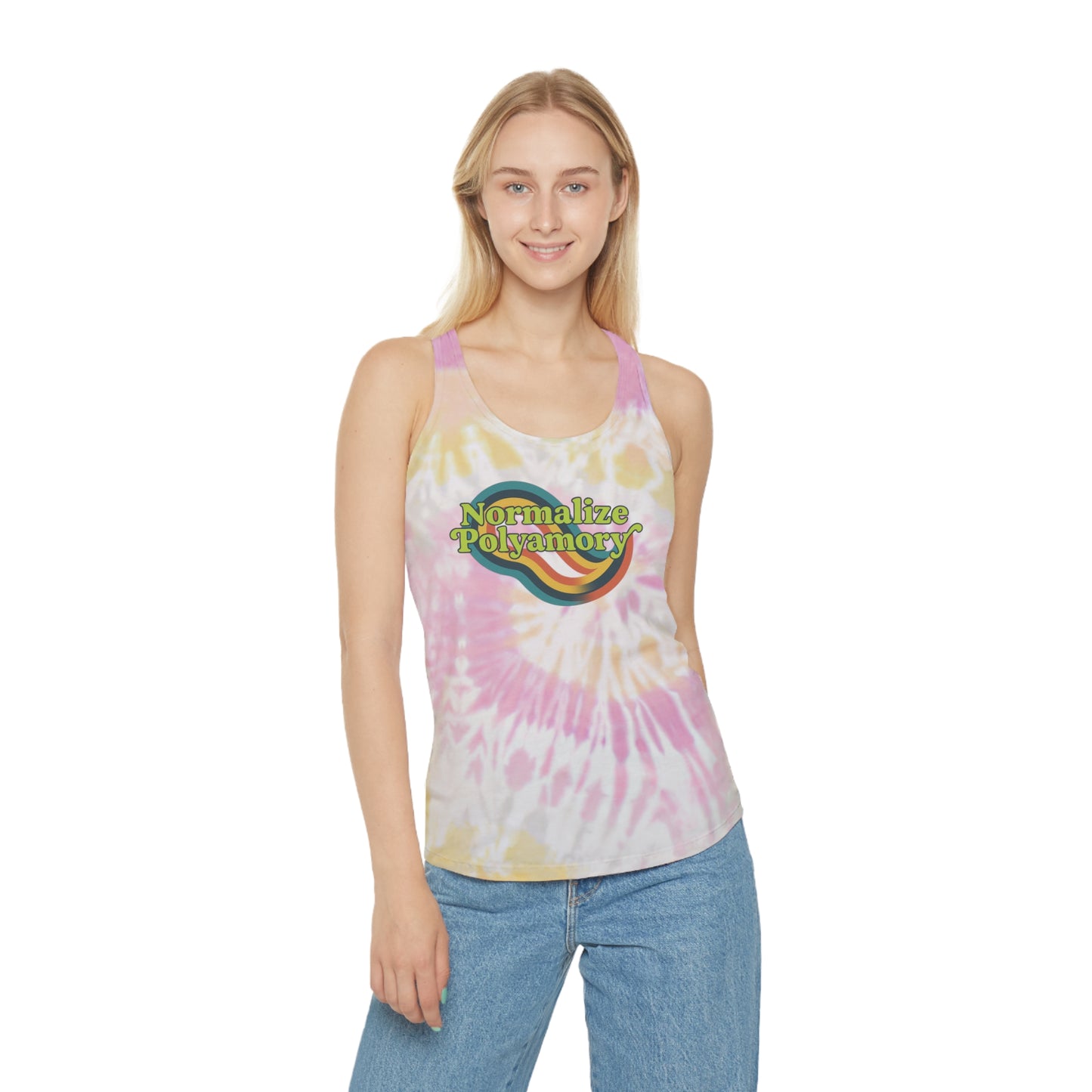 Normalize Polyamory Retro Tie Dye Racerback Tank Top, ethical nonmonogamy, Sisterwives, Polyamory Tank Top