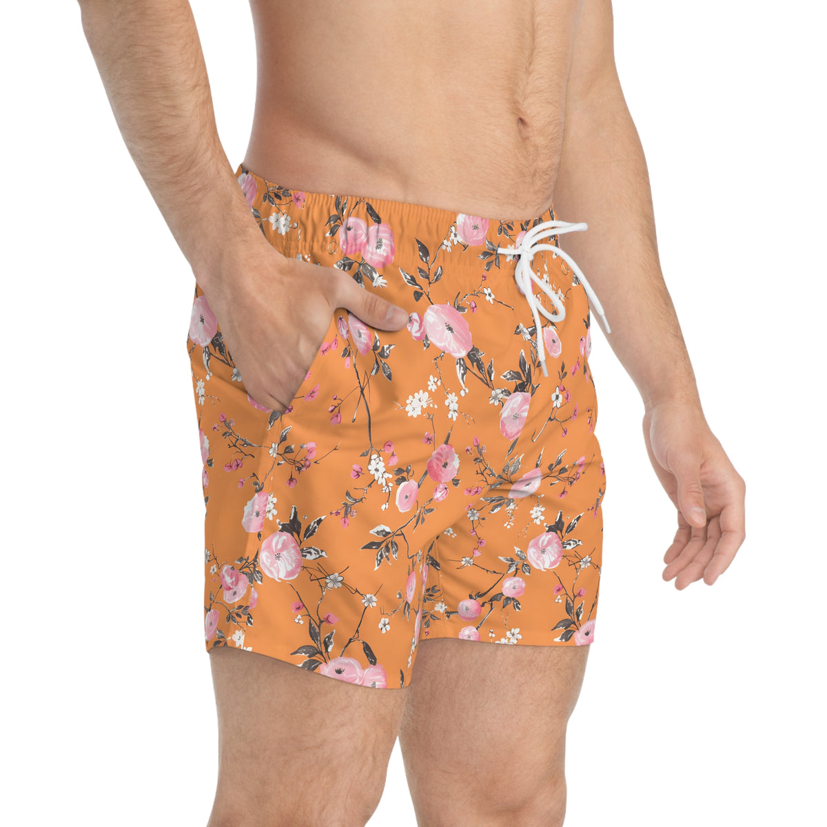 Orange Men’s Floral & Citrus Swim Trunks – Vintage Gingham Orange Blossom Swim Shorts, Retro Summer Beach Board Shorts, Fast-Dry