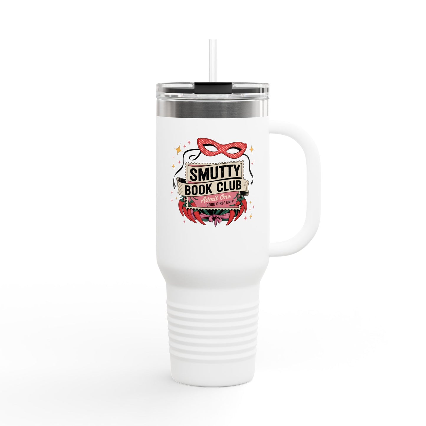 Smutty Book Club 40oz Insulated Travel Mug – Admit One Romance Reader Tumbler with Straw | Funny Spicy Booktok Cup