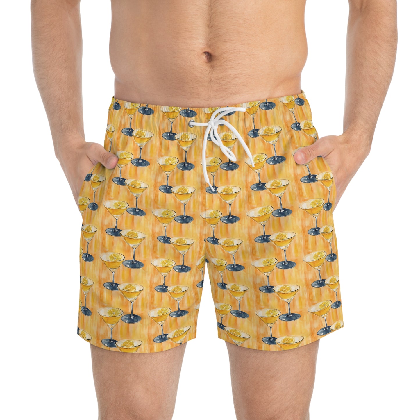 Orange Men’s Cocktail Swim Trunks – Citrus Martini Resort Boardshorts | Polyamory ENM Lifestyle Poolwear | Fast-Dry Summer Swim Shorts
