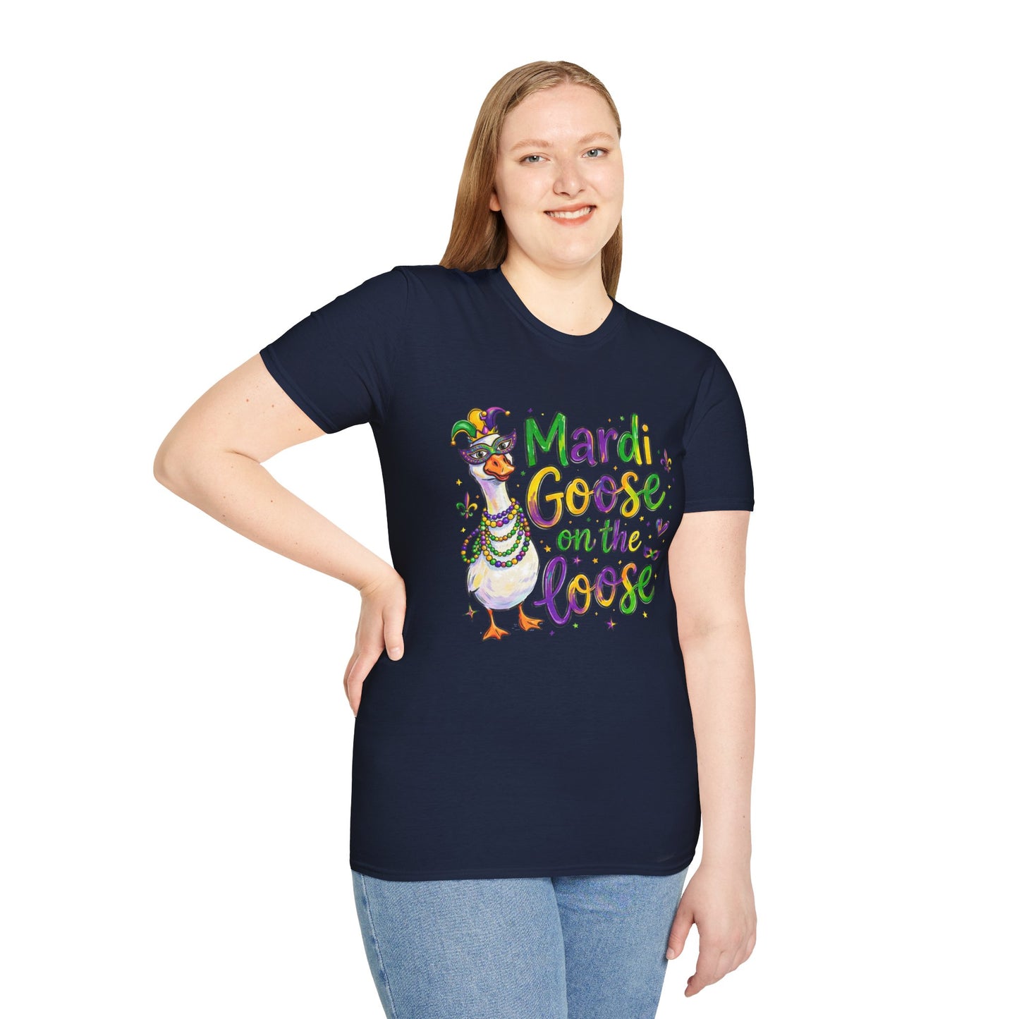 Mardi Goose on the Loose Shirt – Funny Mardi Gras Goose T-Shirt, Polyamory ENM Non-Monogamy Carnival Tee, Unisex Gildan 64000