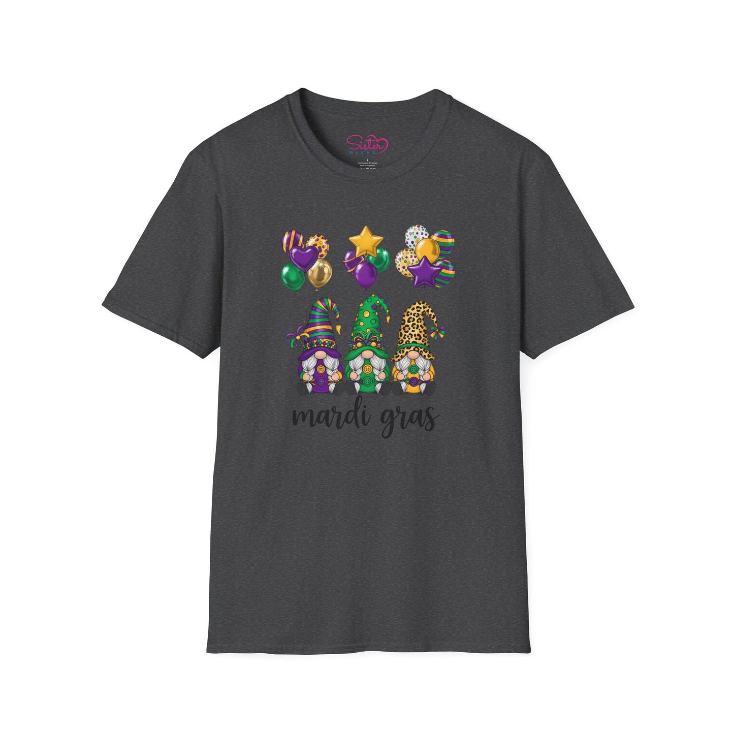 Mardi Gras Throuple Gnome T-Shirt | Polyamory ENM Pride Tee | Festive Gnome Graphic Shirt | Chosen Family Swinger Lifestyle Apparel
