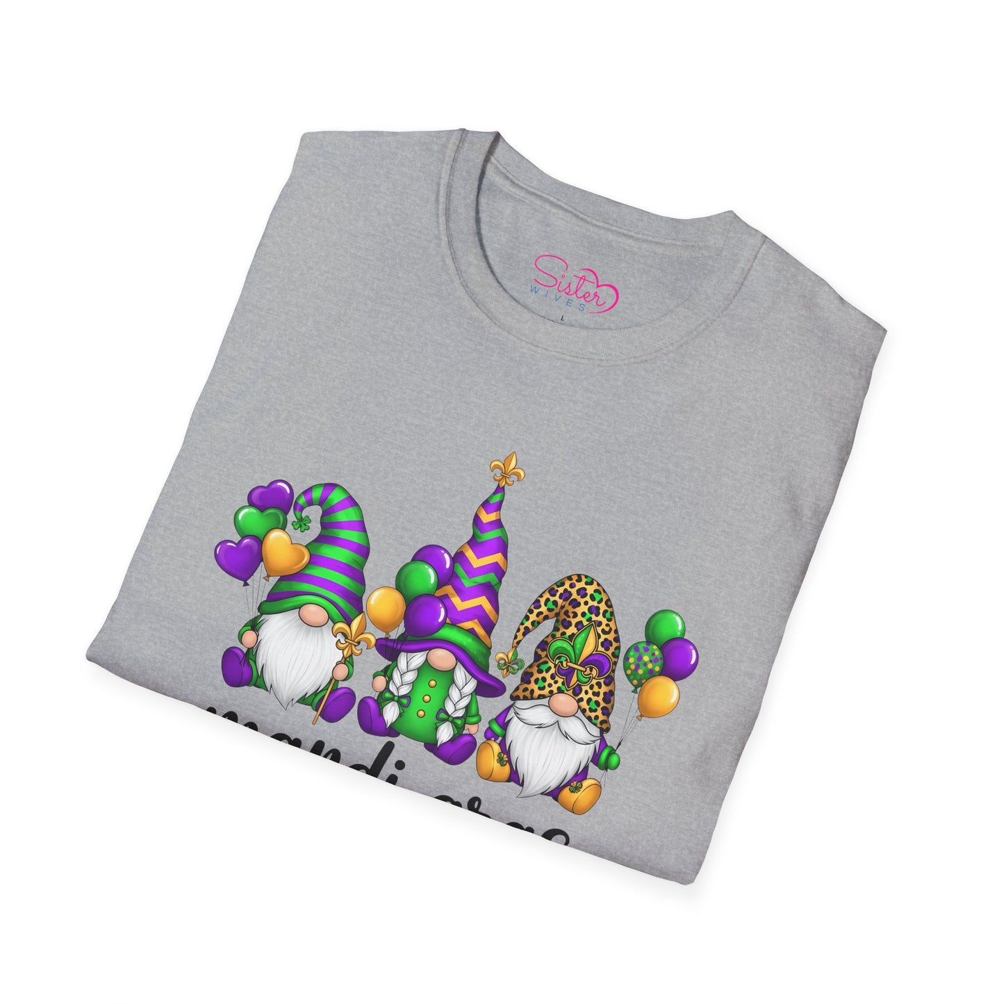 Mardi Gras Throuple Gnome T-Shirt | Polyamory ENM Pride Tee | Festive Gnome Graphic Shirt | Chosen Family Swinger Lifestyle Apparel