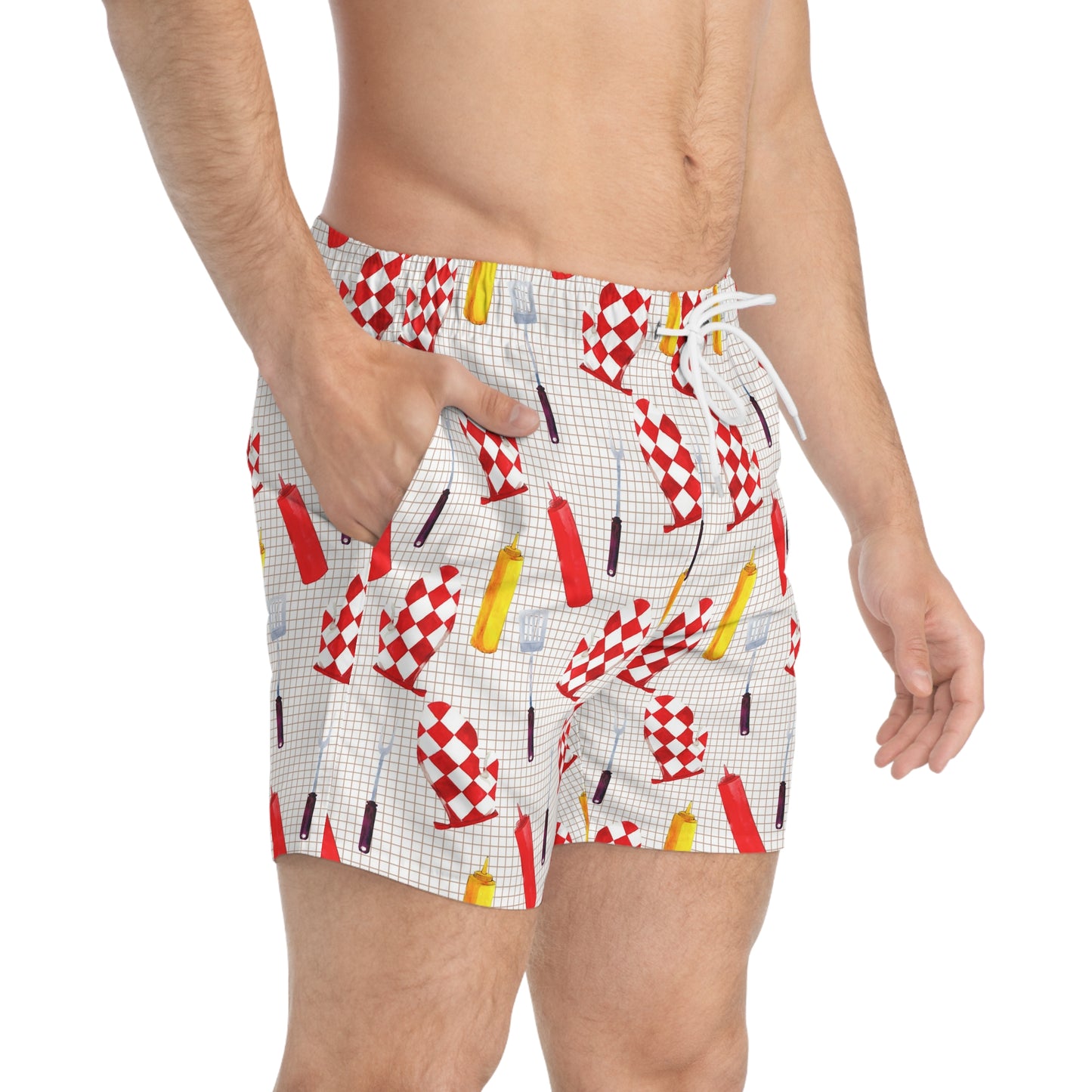 Men’s BBQ Swim Trunks – Grill & Cookout Boardshorts | Funny Food Print Swimwear | Fast-Dry Summer Swim Shorts