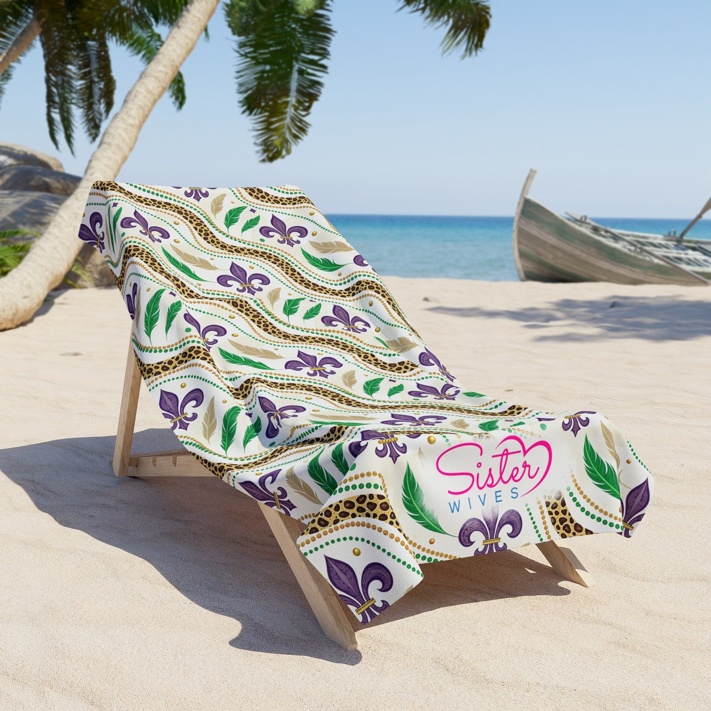 Mardi Gras Cheetah Print Beach Towel | Polyamory ENM Friendly | Matching Couple & Throuple Towel | Festival Cruise Pool & Resort Towel
