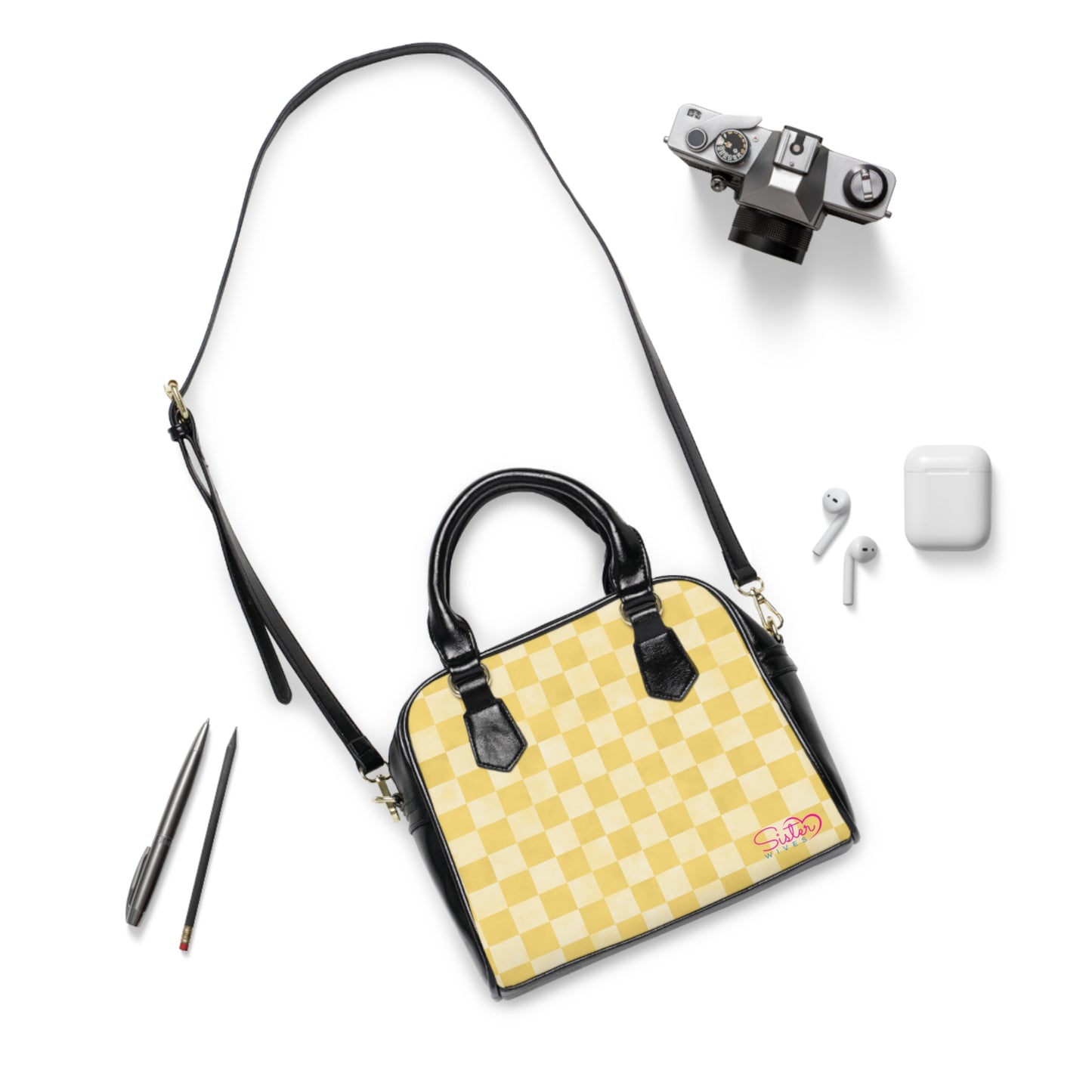 Yellow Checkered Shoulder Handbag – Retro Checkerboard PU Leather Purse, Polyamory & ENM Friendly Fashion Bag, Love-Positive Gift
