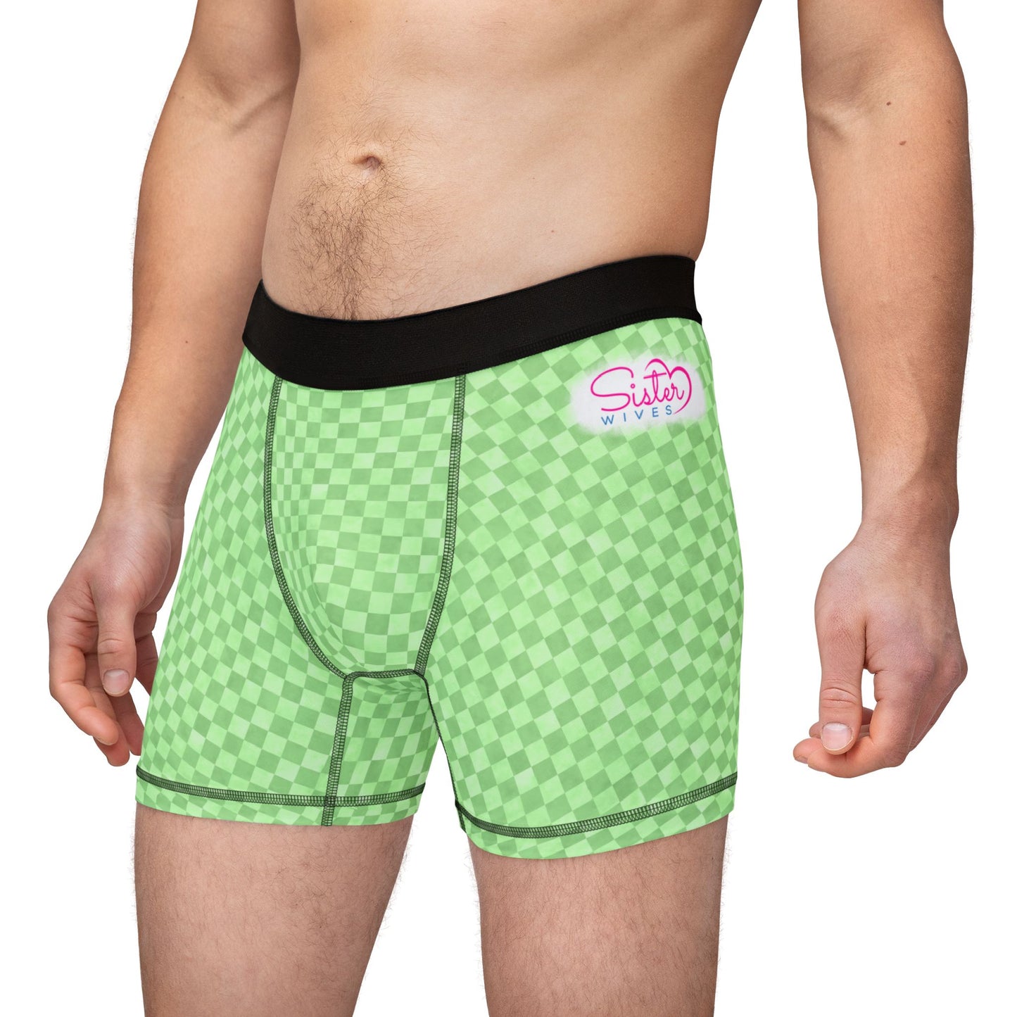 Green Checker Men’s Boxer Briefs | Aesthetic Stretch Underwear | ENM & Polyamory Friendly Men’s Boxers | Soft Statement Loungewear