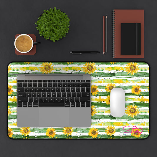 Green Striped Sunflower Desk Mat – Floral Mouse Pad, Neoprene Extended Desk Mat, Cottagecore Office Decor, Polyamory Friendly Workspace, Love Positive Desk Accessory