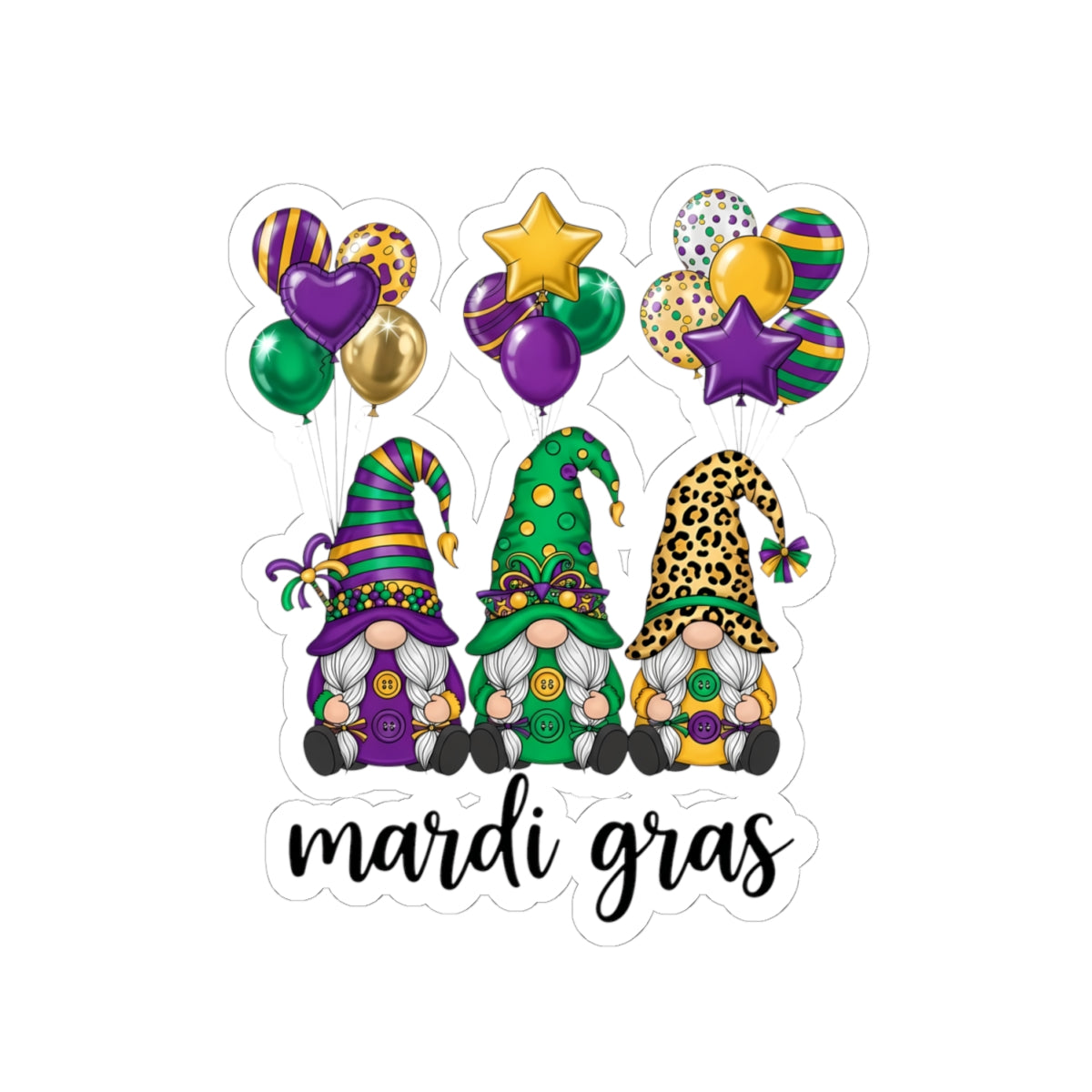 Mardi Gras Throuple Gnomes Kiss-Cut Sticker | Polyamory ENM Pride Vinyl Decal | Chosen Family Gnome Sticker | Mardi Gras Laptop Sticker