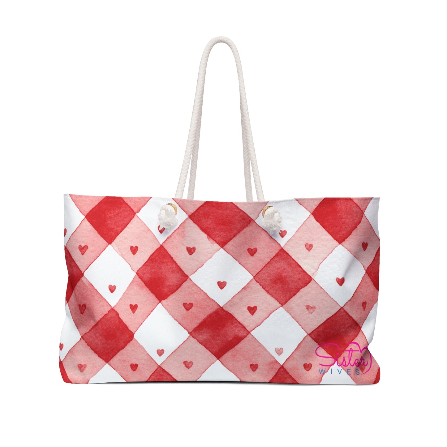 Valentine Red & Pink Weekender Bag | Romantic Heart & Checkered Patterns | Polyamory-Friendly Travel Bag | Cute Getaway Tote for Couples & Throuples