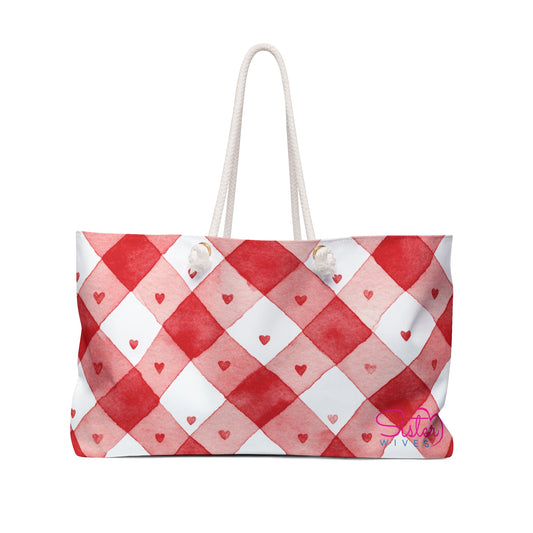Valentine Red & Pink Weekender Bag | Romantic Heart & Checkered Patterns | Polyamory-Friendly Travel Bag | Cute Getaway Tote for Couples & Throuples