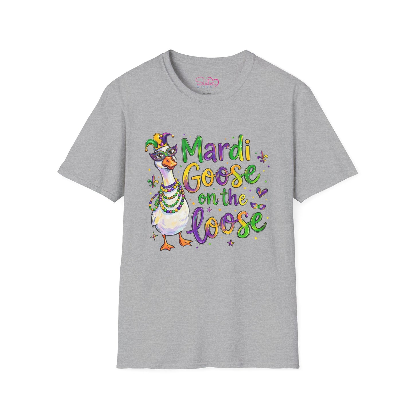 Mardi Goose on the Loose Shirt – Funny Mardi Gras Goose T-Shirt, Polyamory ENM Non-Monogamy Carnival Tee, Unisex Gildan 64000