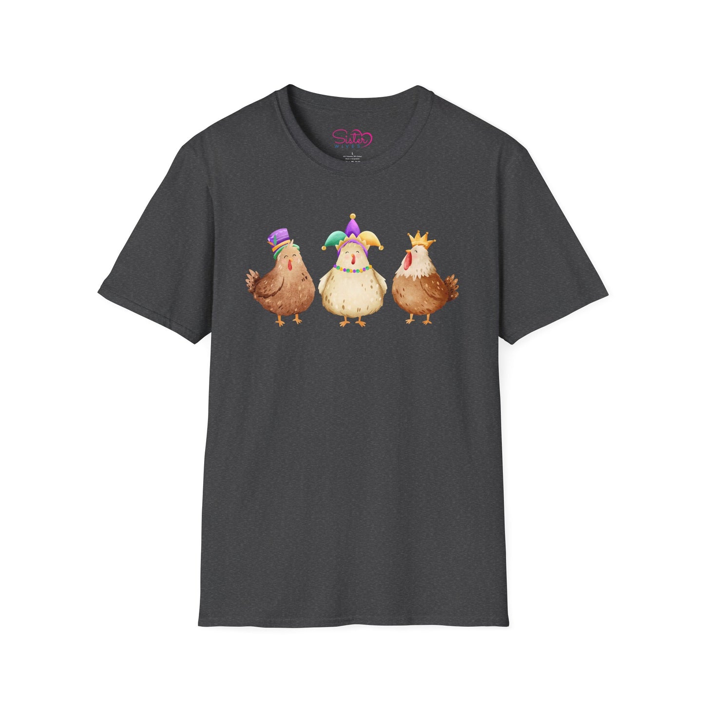 Throuple Chicken T-Shirt | Polyamory ENM Pride Tee | Cute Mardi Gras Chickens Graphic Shirt | Chosen Family Swinger Lifestyle Apparel