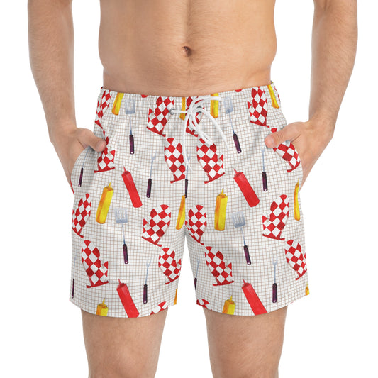 Men’s BBQ Swim Trunks – Grill & Cookout Boardshorts | Funny Food Print Swimwear | Fast-Dry Summer Swim Shorts