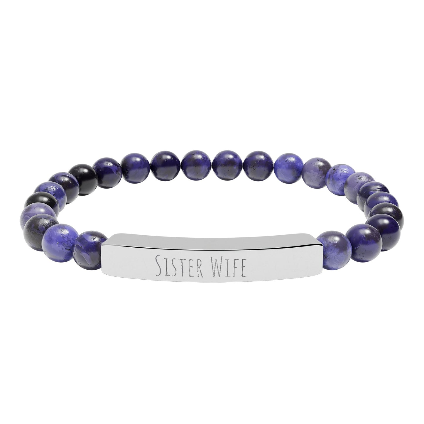 Sister Wife Natural Stone Stretch Bar Bracelet – Engraved Stainless Steel ID Bracelet, Polyamory & ENM Jewelry, Minimalist Relationship Bracelet