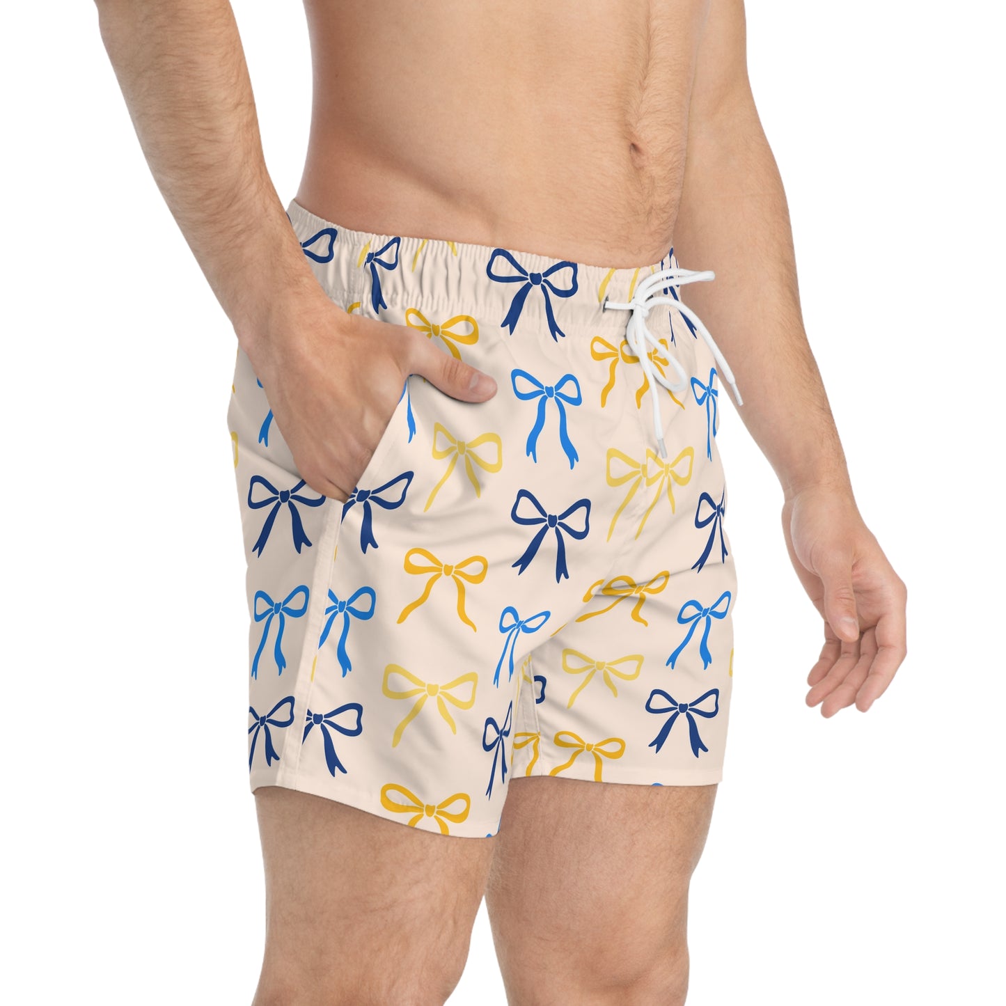 Yellow Bow Print Swim Trunks for Men – Preppy Coquette Fast-Dry Board Shorts with Drawstring | XS–3XL Summer Swimwear