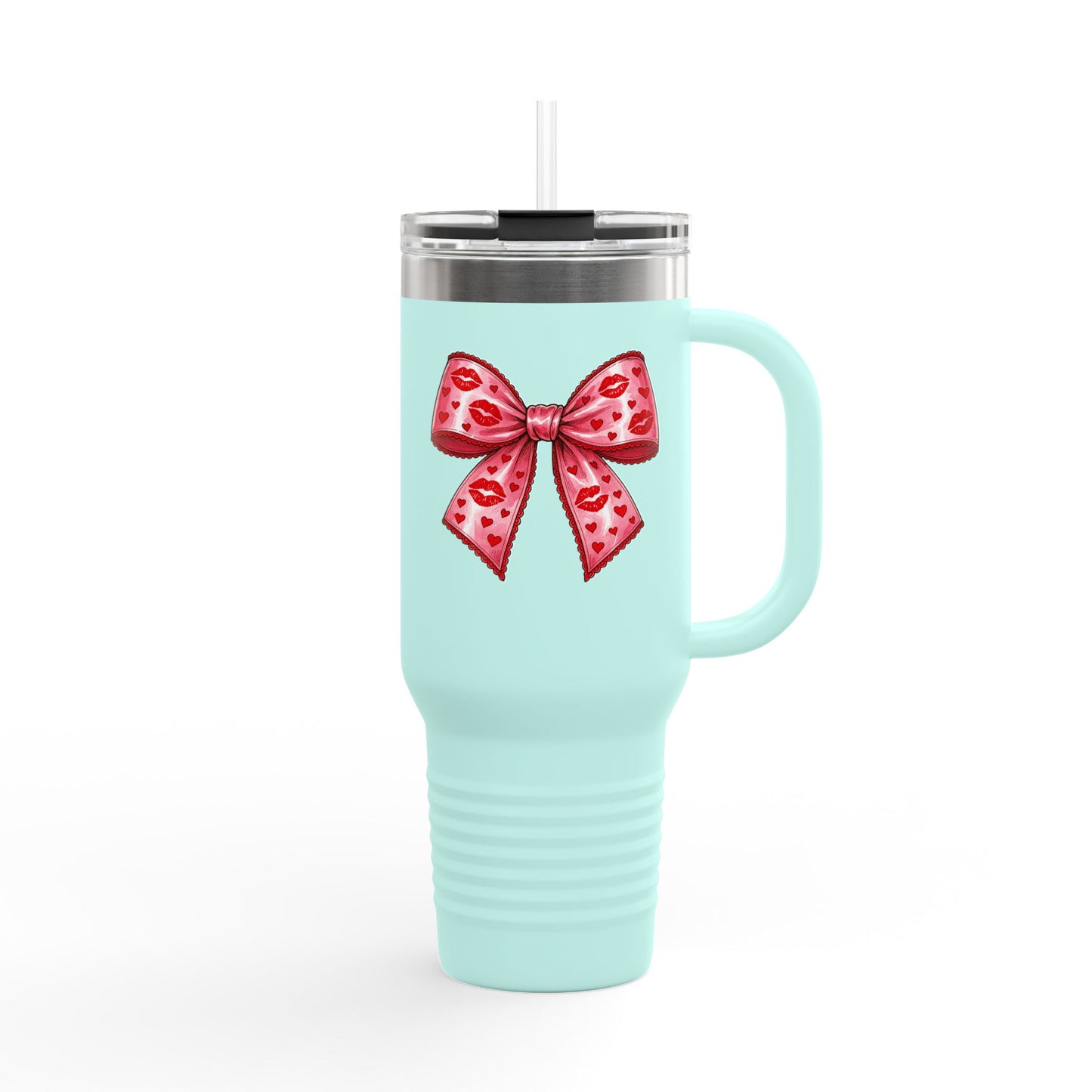 Pink Bow 40oz Insulated Travel Mug – Coquette Aesthetic Stainless Steel Tumbler with Straw | Cute Feminine BPA-Free Cup