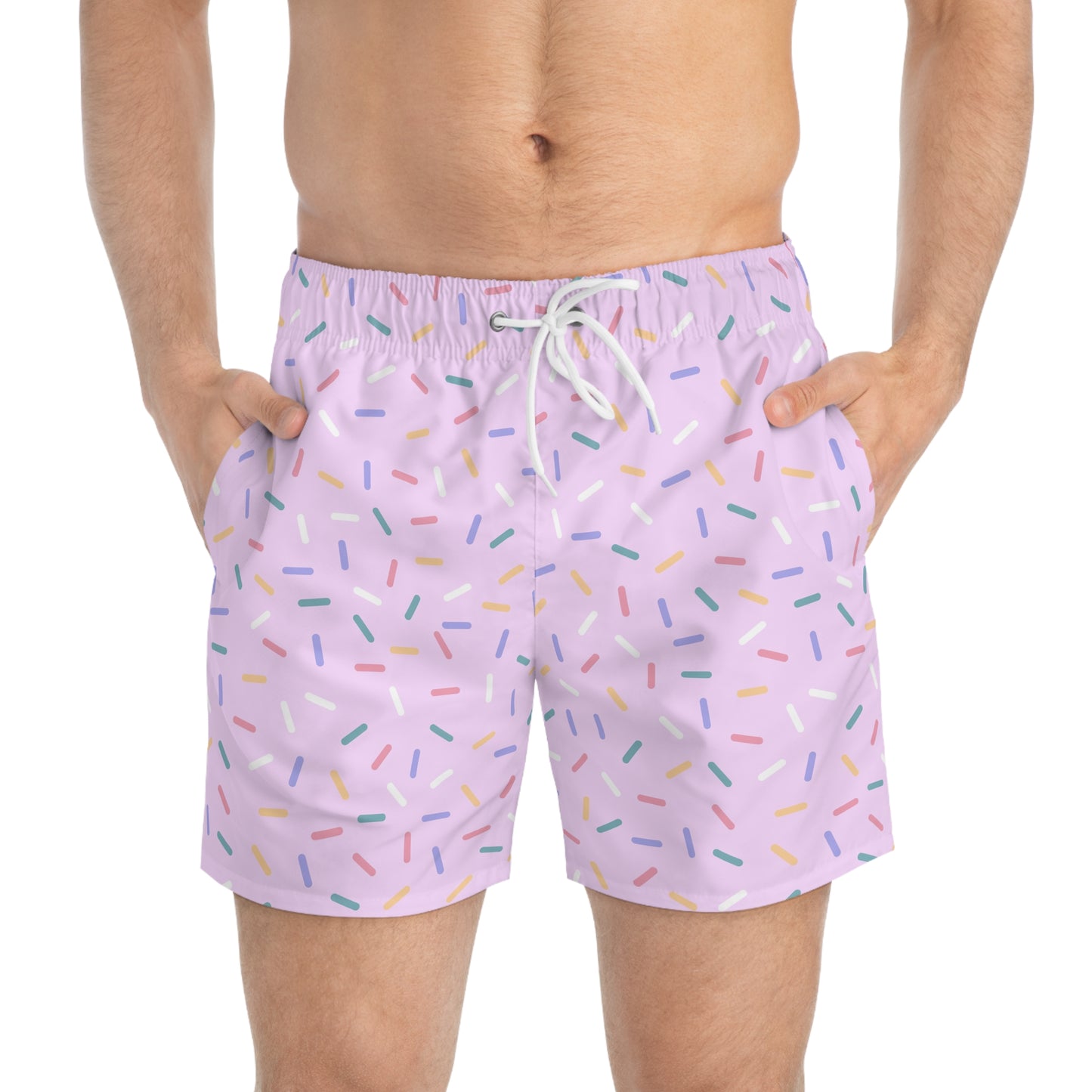 Men’s Rainbow Sprinkle Swim Trunks – Pastel Confetti Summer Swim Shorts, Fun Pool & Beach Board Shorts, Fast-Dry AOP Trunks