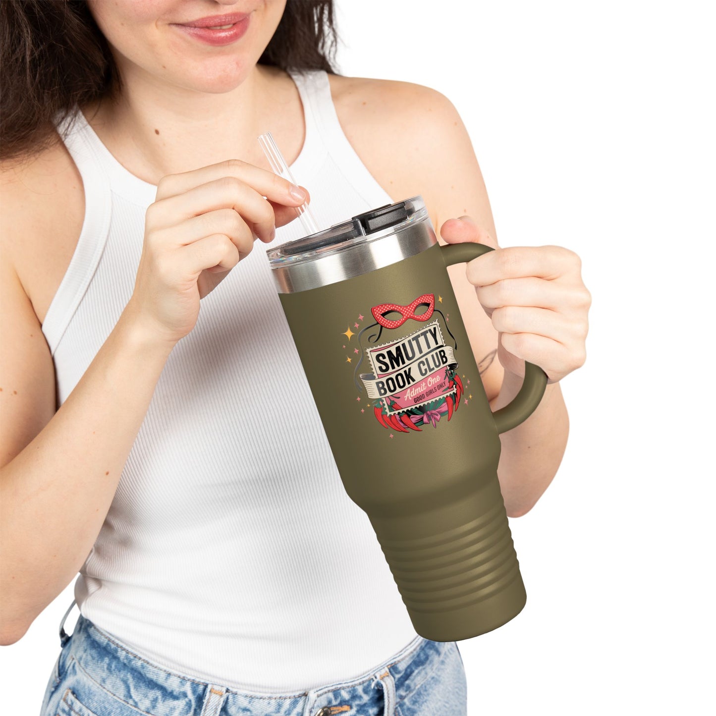 Smutty Book Club 40oz Insulated Travel Mug – Admit One Romance Reader Tumbler with Straw | Funny Spicy Booktok Cup