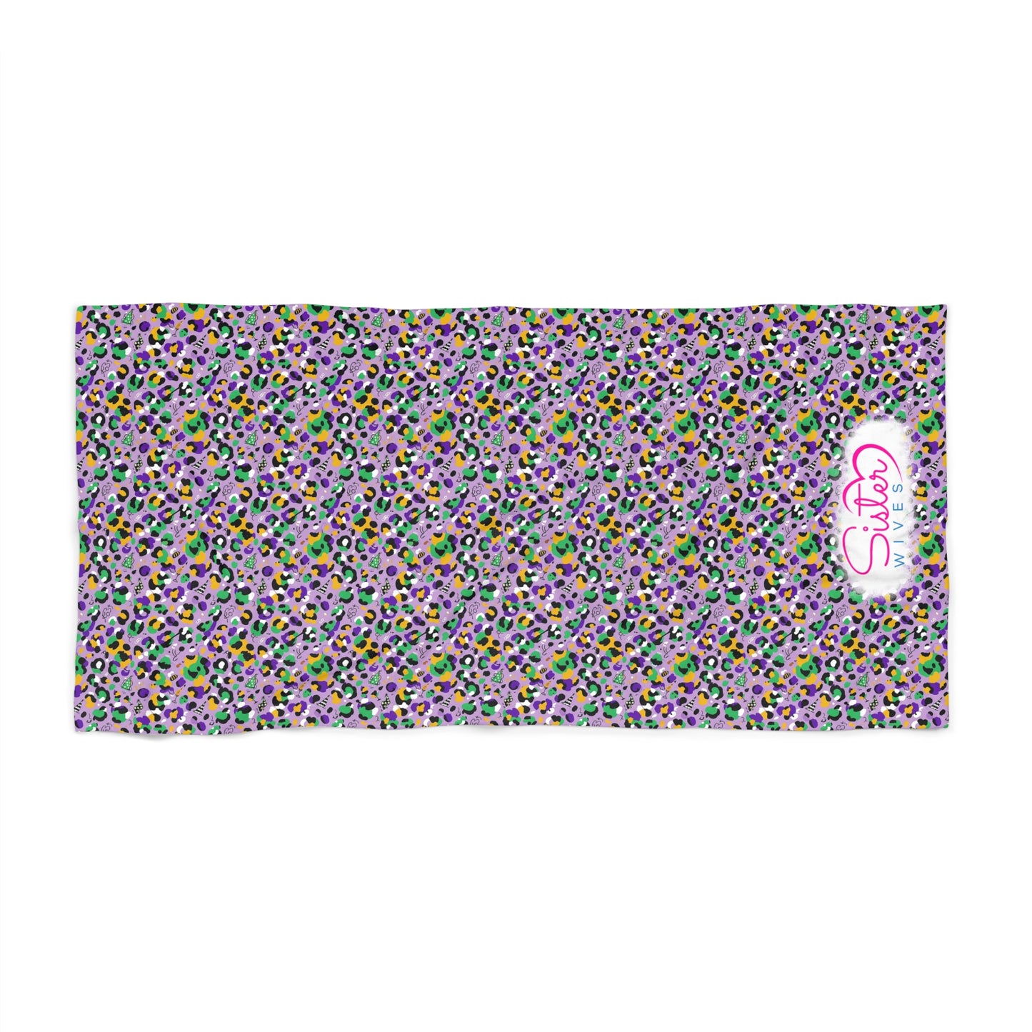 Mardi Gras Cheetah Print Beach Towel | Polyamory ENM Friendly | Matching Couple & Throuple Towel | Festival Cruise Pool & Resort Towel