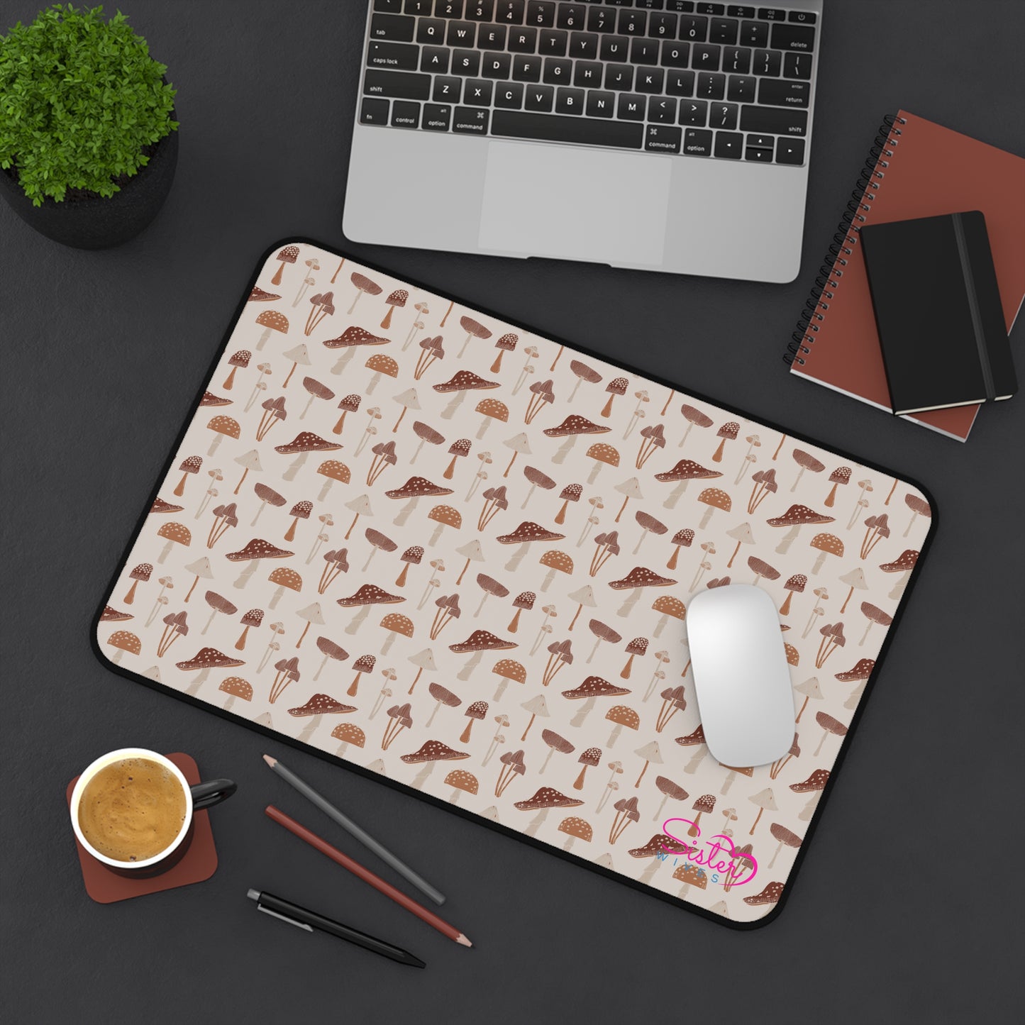 Brown Mushroom Desk Mat – Aesthetic Office Mouse Pad, Neoprene Extended Desk Mat, Polyamory Friendly Workspace Decor, Love-Positive Home Office Accessory