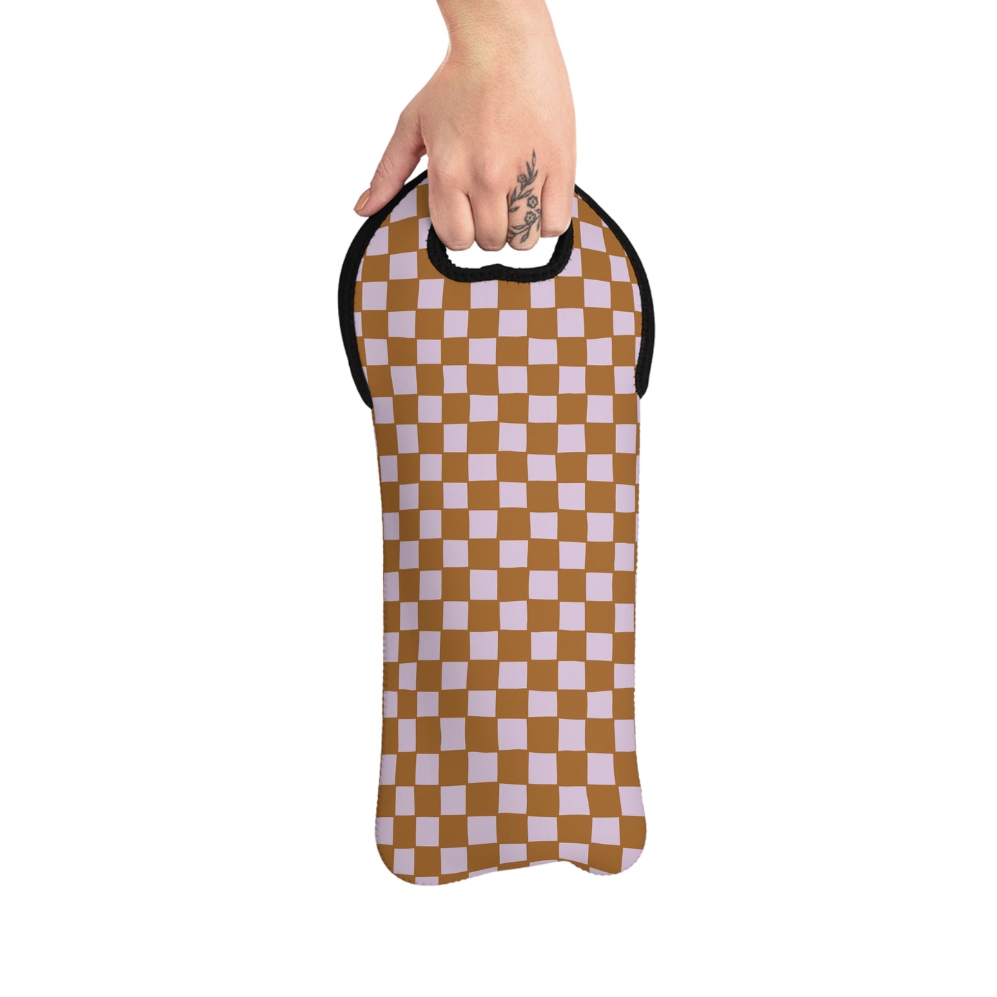 Brown Checkered Wine Tote Bag – Reusable Neoprene Wine Bottle Carrier with Handle