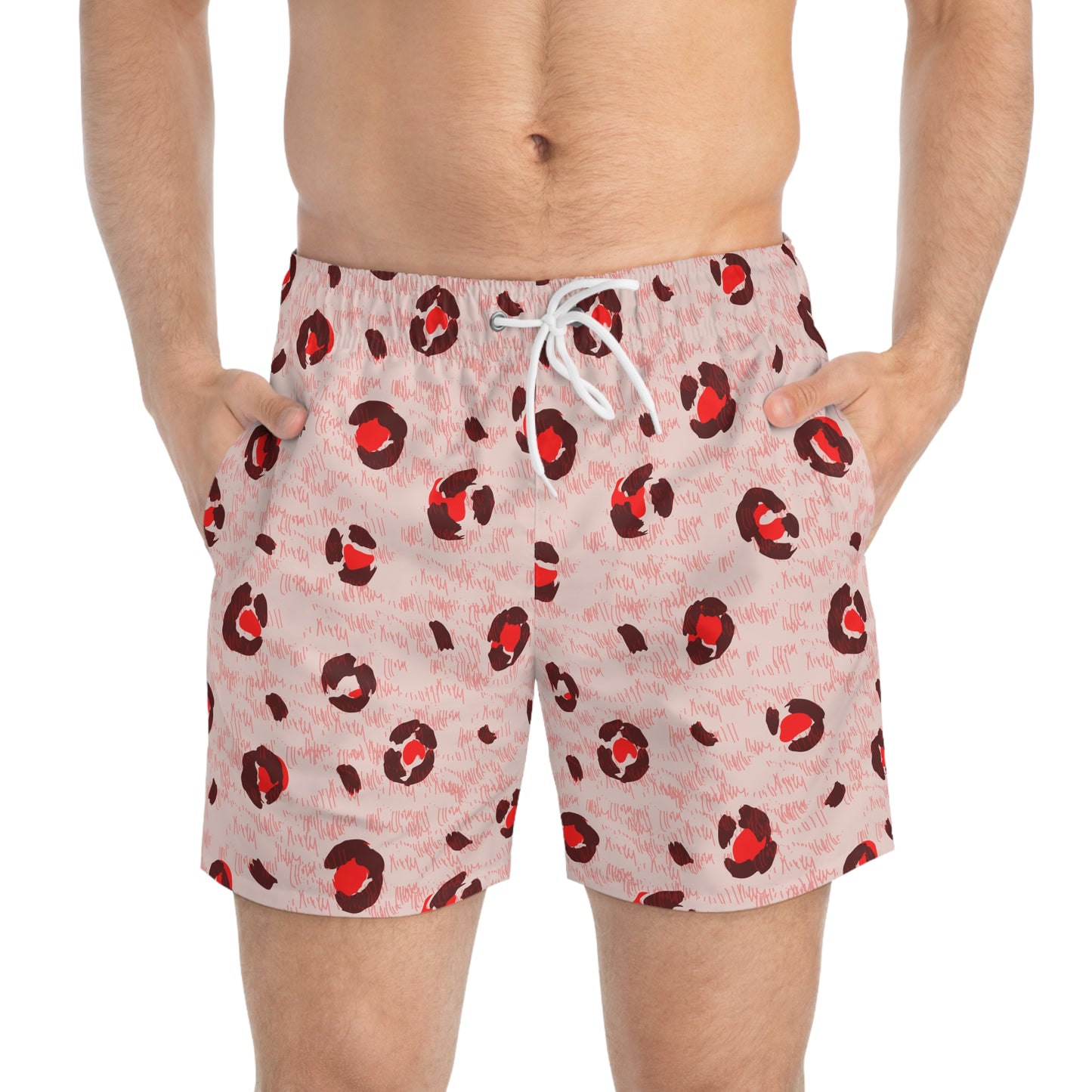 Men’s Valentine’s Leopard Heart Swim Trunks – Red Animal Print Board Shorts, Polyamory & ENM Friendly Swimwear, Fast-Dry Summer Shorts