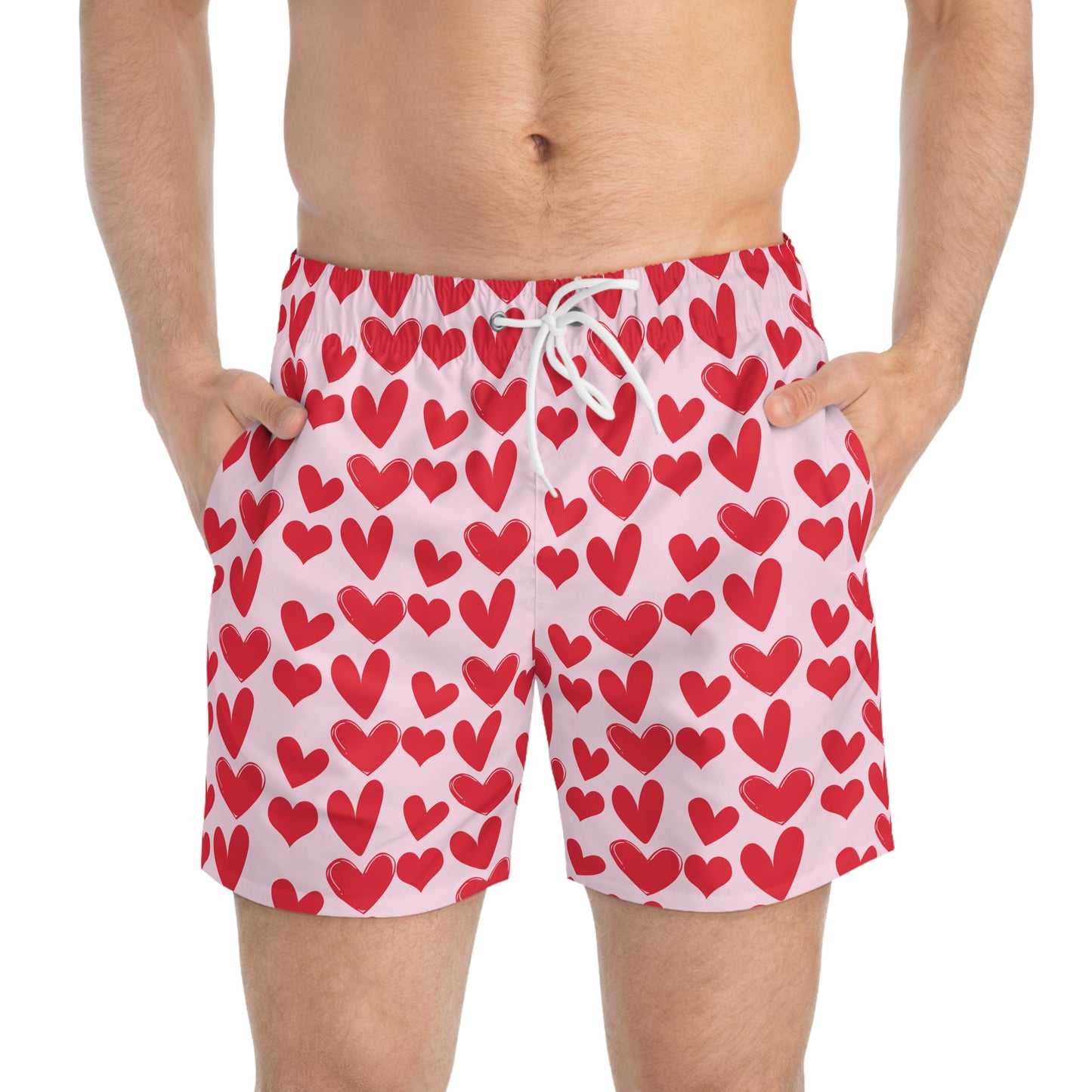 Men’s Valentine’s Heart Swim Trunks – Red Heart Print Board Shorts, Polyamory & ENM Friendly Swimwear, Fast-Dry Summer Shorts