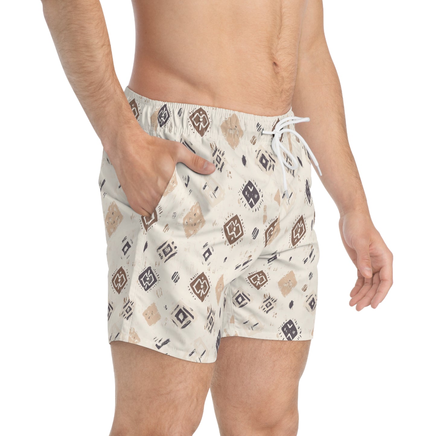 Men’s Boho Abstract Swim Trunks – Neutral Earth Tone Boardshorts | Modern Minimalist Swimwear | Fast-Dry Men’s Swim Shorts