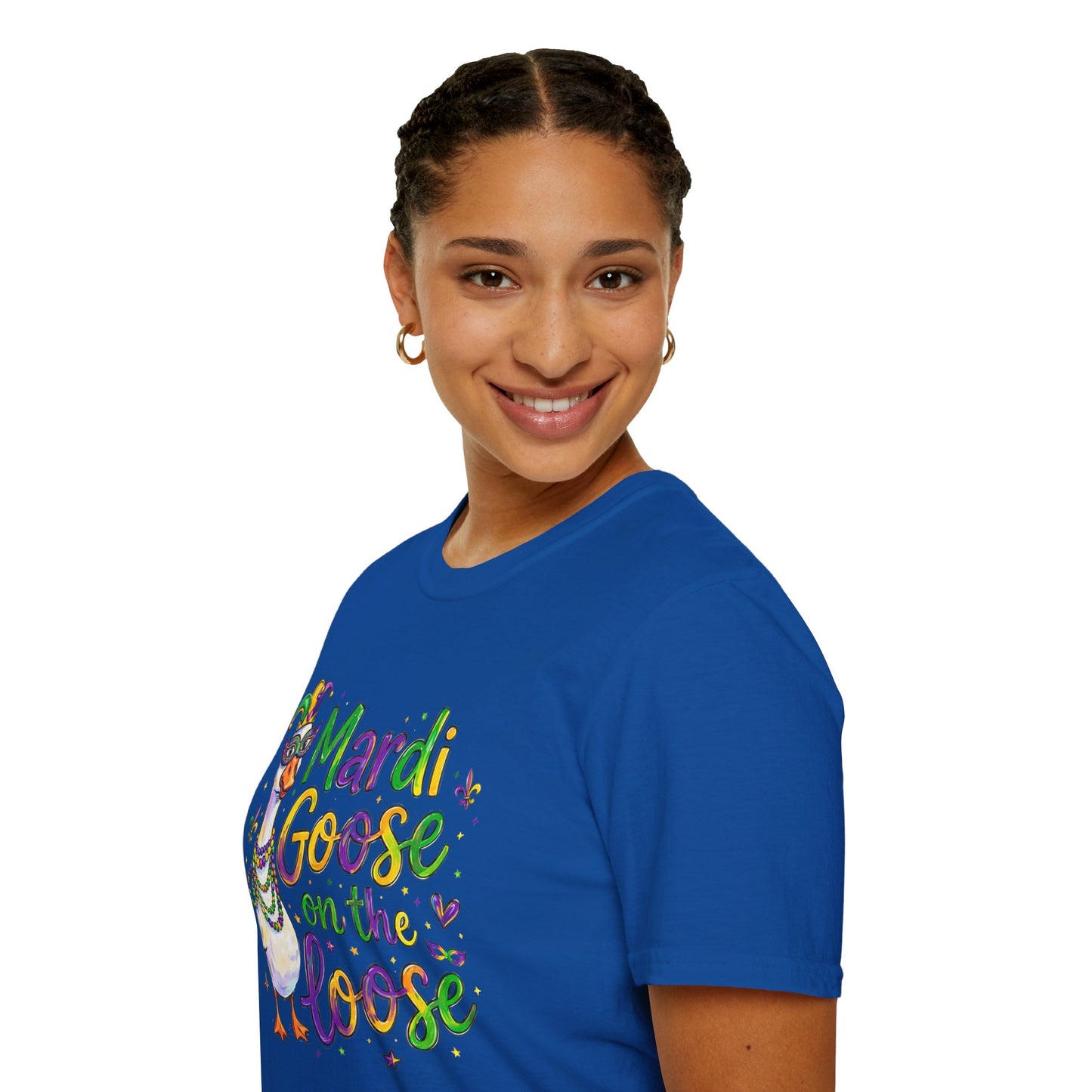 Mardi Goose on the Loose Shirt – Funny Mardi Gras Goose T-Shirt, Polyamory ENM Non-Monogamy Carnival Tee, Unisex Gildan 64000