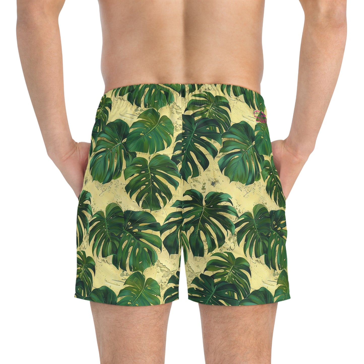 Green Tropical Leaf Swim Trunks for Men – Jungle Fast-Dry Board Shorts with Drawstring | XS–3XL Summer Swimwear