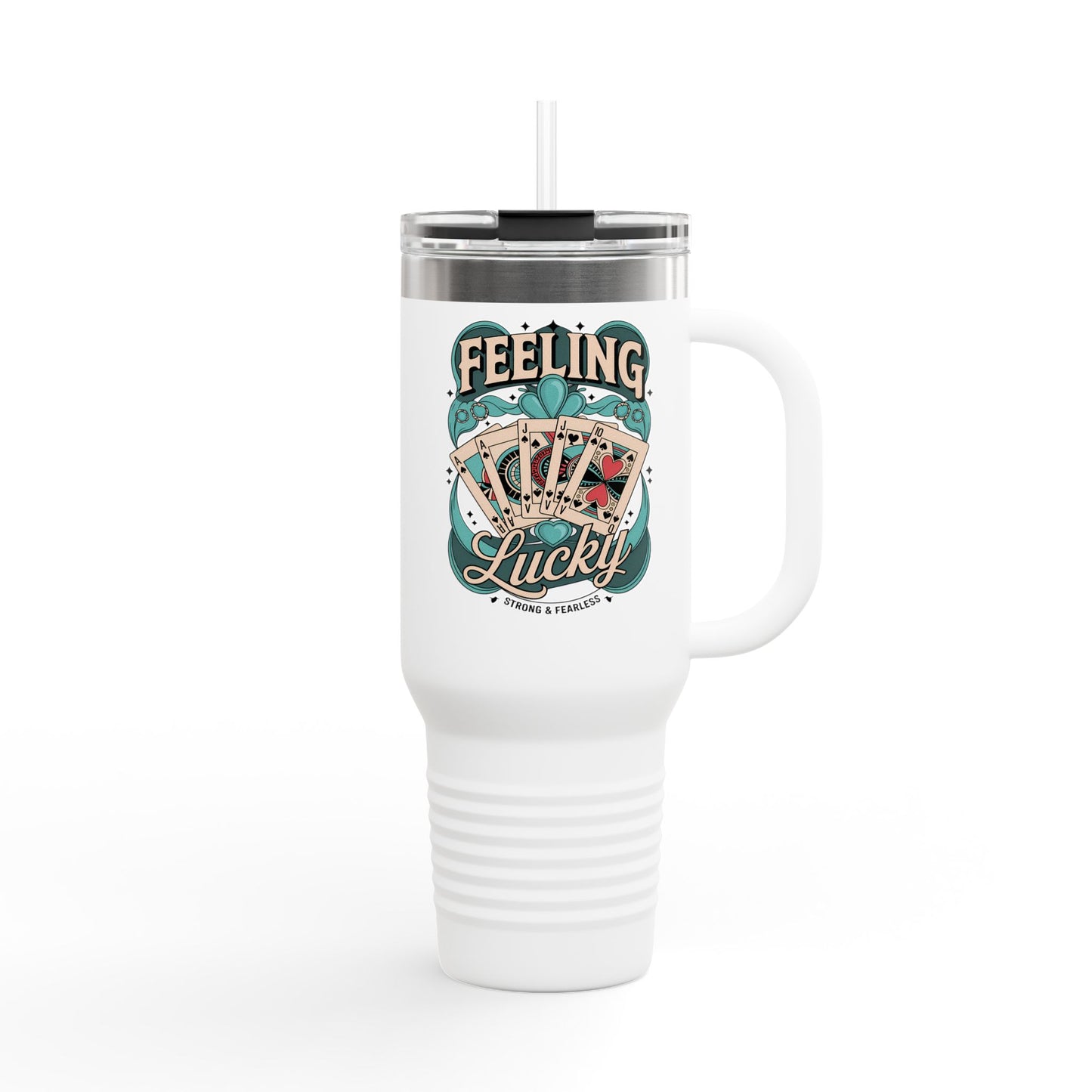 Feeling Lucky 40oz Insulated Travel Mug – Vintage Playing Card Lucky Charm Tumbler with Straw | Stainless Steel BPA-Free Cup