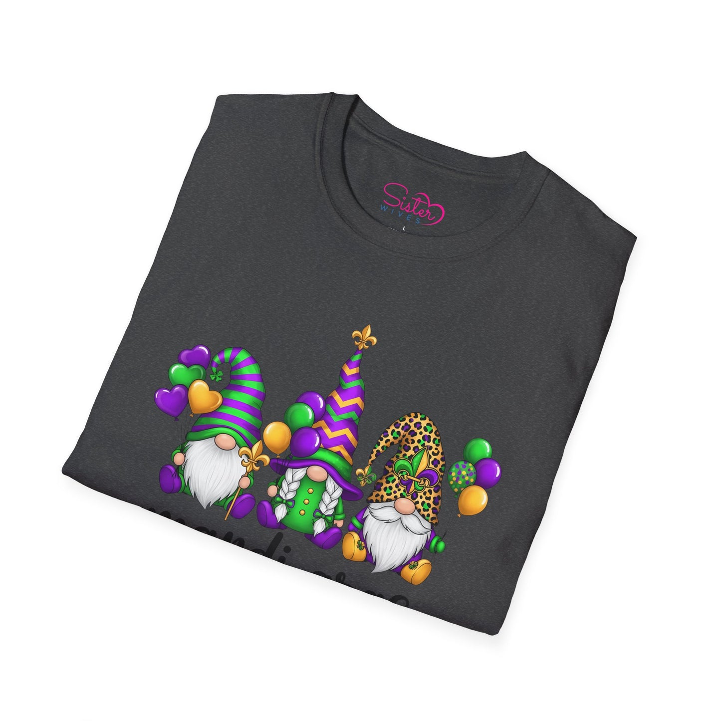 Mardi Gras Throuple Gnome T-Shirt | Polyamory ENM Pride Tee | Festive Gnome Graphic Shirt | Chosen Family Swinger Lifestyle Apparel