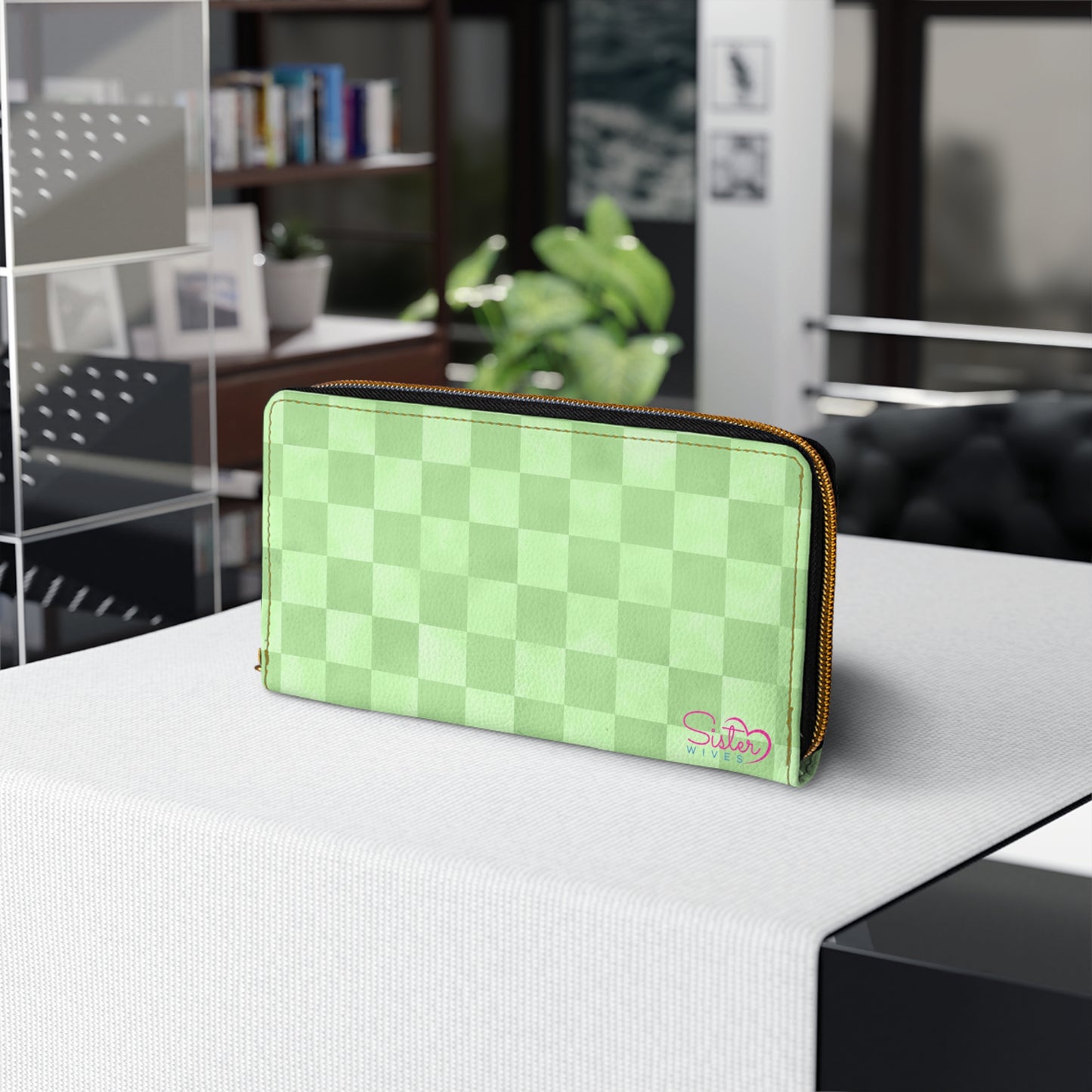 Checkered Green Zipper Wallet | Polyamory Friendly Accessory | ENM Lifestyle Wallet | Inclusive Chosen Family Gift | Colorful Retro Checker Wallet
