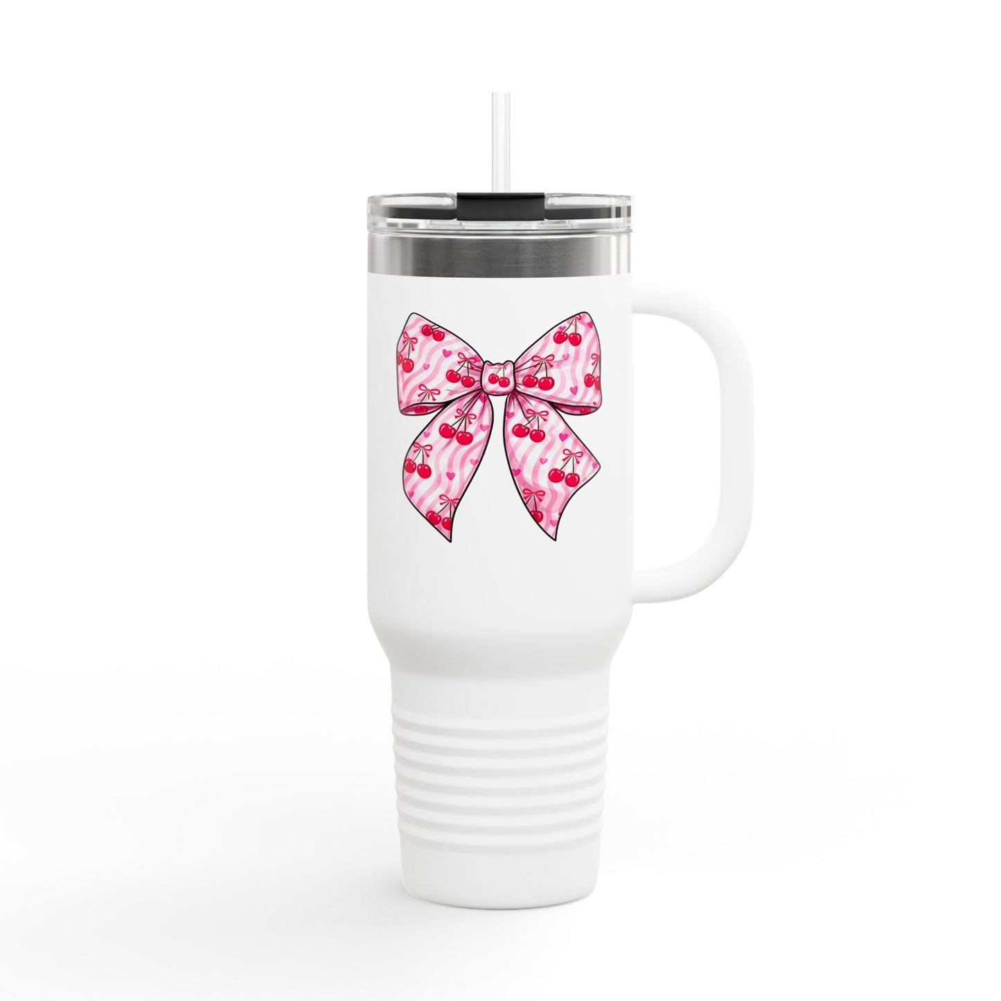 Pink Bow 40oz Insulated Travel Mug – Coquette Aesthetic Stainless Steel Tumbler with Straw | Cute Feminine BPA-Free Cup