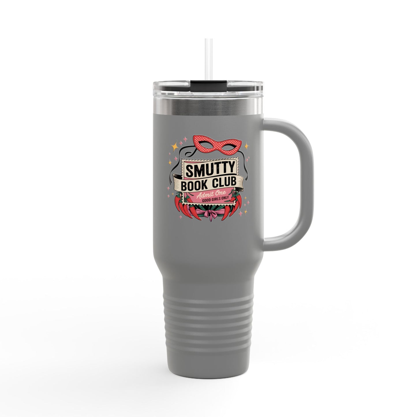 Smutty Book Club 40oz Insulated Travel Mug – Admit One Romance Reader Tumbler with Straw | Funny Spicy Booktok Cup