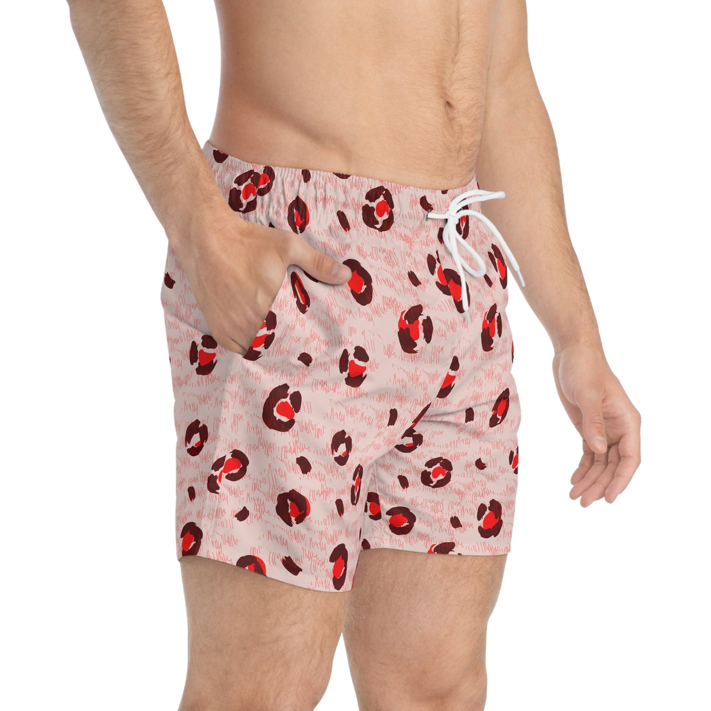 Men’s Valentine’s Leopard Heart Swim Trunks – Red Animal Print Board Shorts, Polyamory & ENM Friendly Swimwear, Fast-Dry Summer Shorts