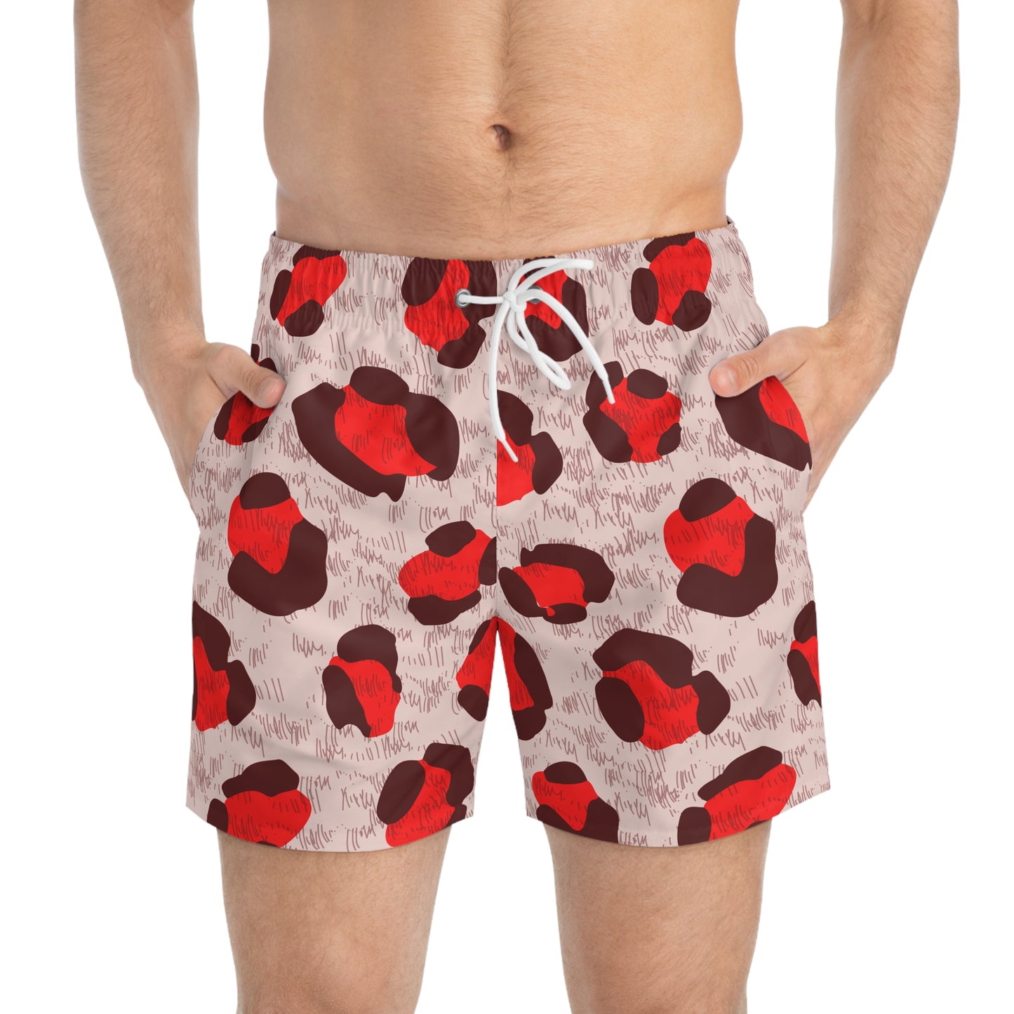 Men’s Valentine’s Leopard Heart Swim Trunks – Red Animal Print Board Shorts, Polyamory & ENM Friendly Swimwear, Fast-Dry Summer Shorts