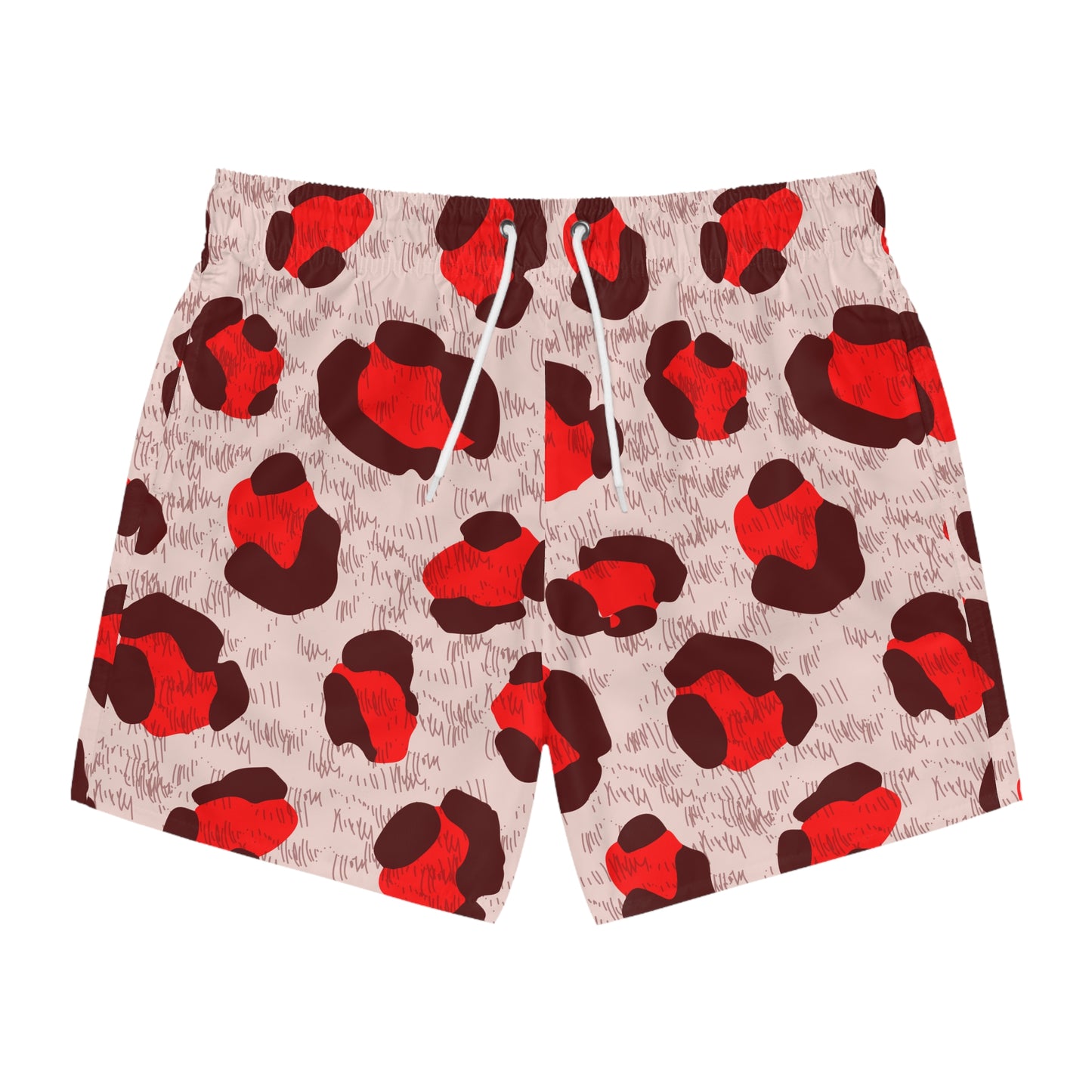 Men’s Valentine’s Leopard Heart Swim Trunks – Red Animal Print Board Shorts, Polyamory & ENM Friendly Swimwear, Fast-Dry Summer Shorts