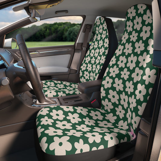 Green Floral Car Seat Covers | Retro Daisy Auto Decor | 70s Flower Power Seat Covers | Polyamory & ENM Friendly